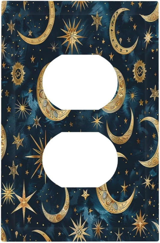 Outlet Covers Modern Abstract Sky Blue Gold Moon Sun Star 1 Gang Duplex Wall Plate Decorative Switch Plates Electrical Receptacle Faceplate Light Switch Cover for Bedroom Kids room Decor