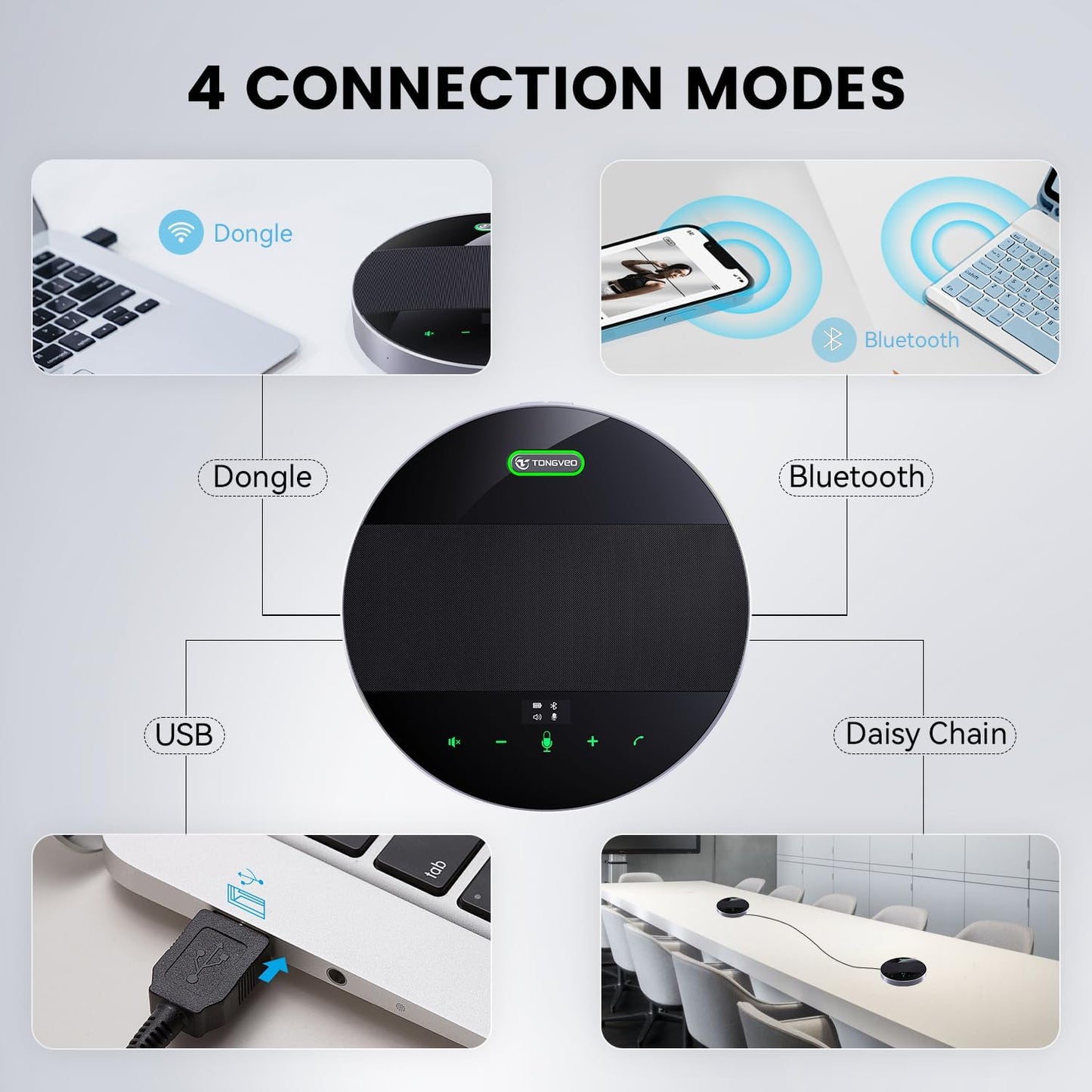 TONGVEO 2-in-1 Conference Speaker and Microphone, Daisy Chain Wireless Bluetooth Speakerphone with 360° omnidirectional mics USB/Dongle/Bluetooth Connection 18H Talk Time for 15-30 People Meeting