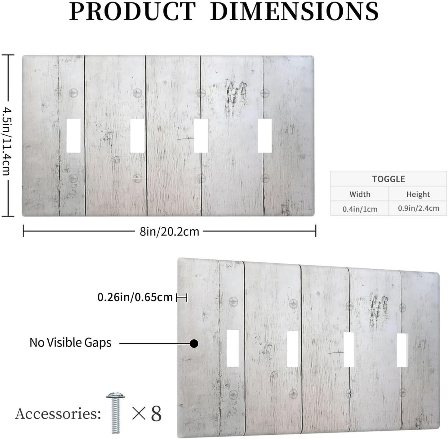 Rustic White Grey Wood Grain Light Switch Covers Quad Toggle 4 Gang Wall Plate Decorative Switch Plates Electrical Faceplate for Bedroom Bathroom Decor