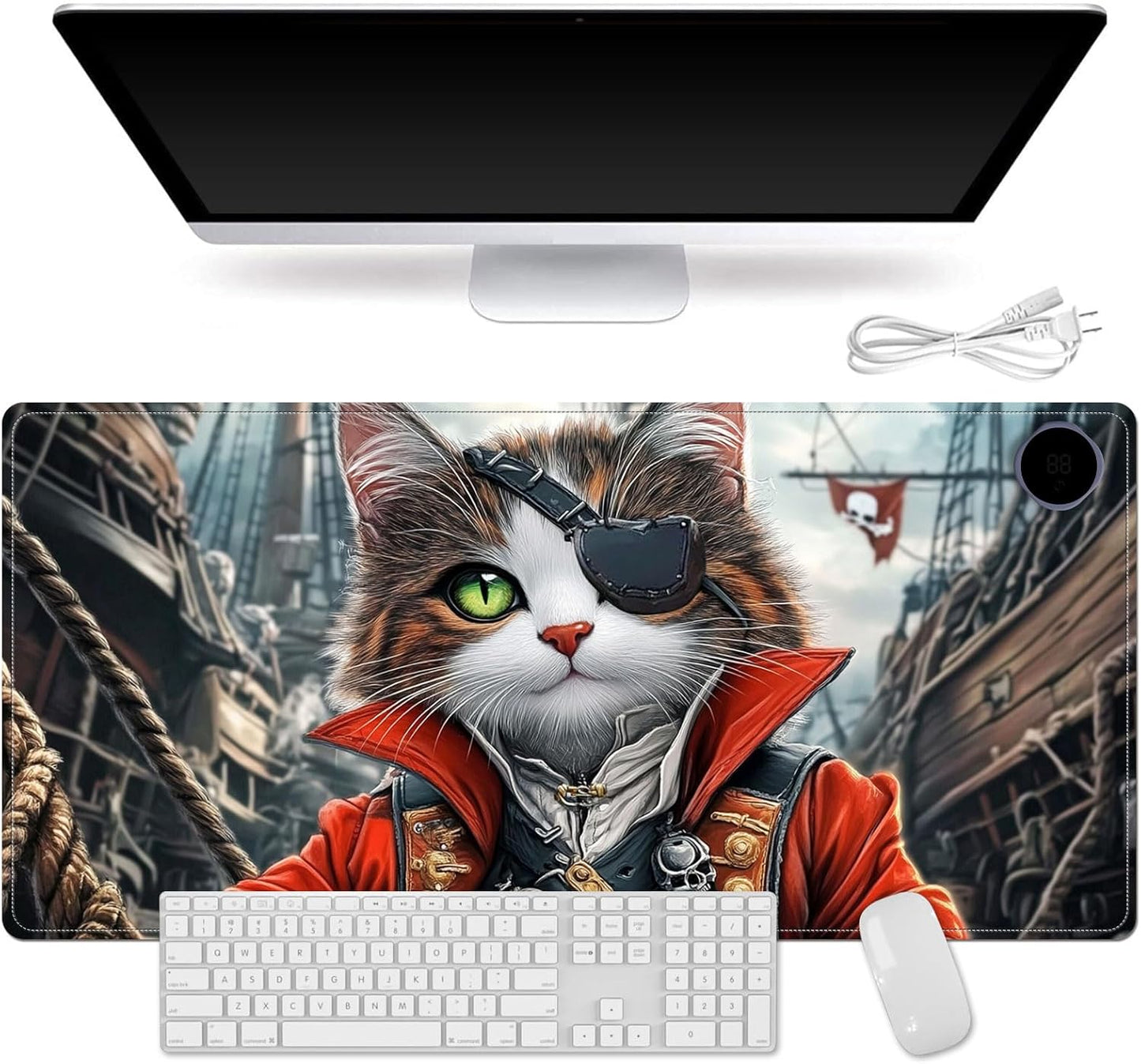 Small Heated Desk Pad 23.6" x 14.2" – Compact Electric Mouse Pad with 3 Heating Levels, Auto Shut-Off, Waterproof PU Surface, Plug-in Warmer for Office or Home Use, Pirate Cat
