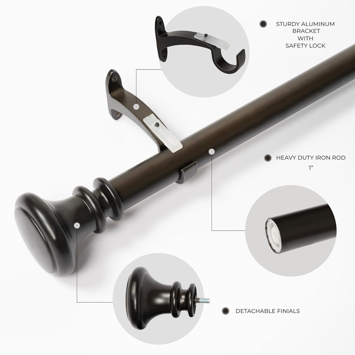 Deco Window Adjustable Curtain Rod for Windows 44 to 120 Inch Extendable Heavy Duty 1 Inch Iron Drapery Pole with Vaso Finials Wall Mounted French Door Curtain Rods (Pack of 1, Imperial Bronze)