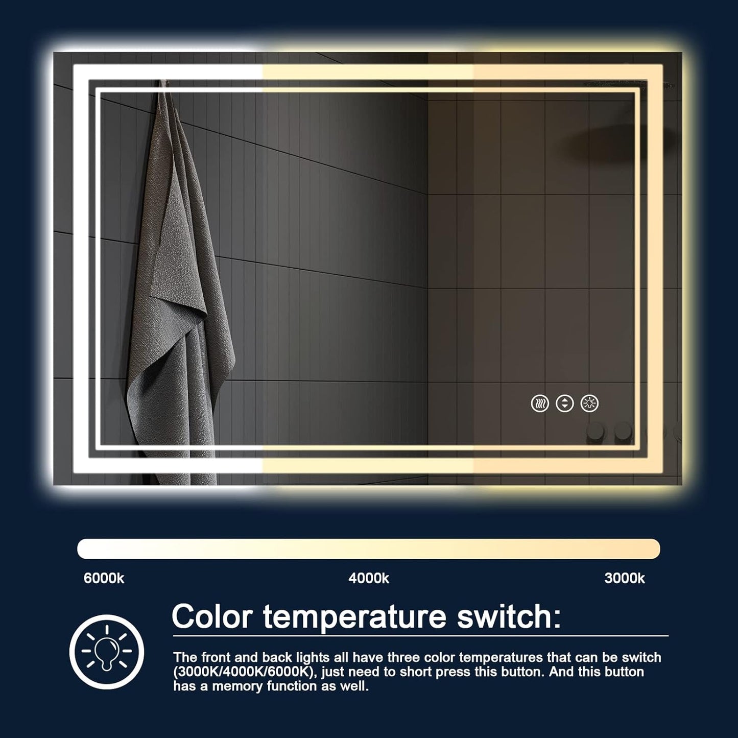 48 x 40 Inch LED Bathroom Mirror with Lights, Backlit and Front Lighted Bathroom Mirrors for Wall, Anti-Fog Dimmable Memory Shatterproof LED Vanity Mirror for Bathroom