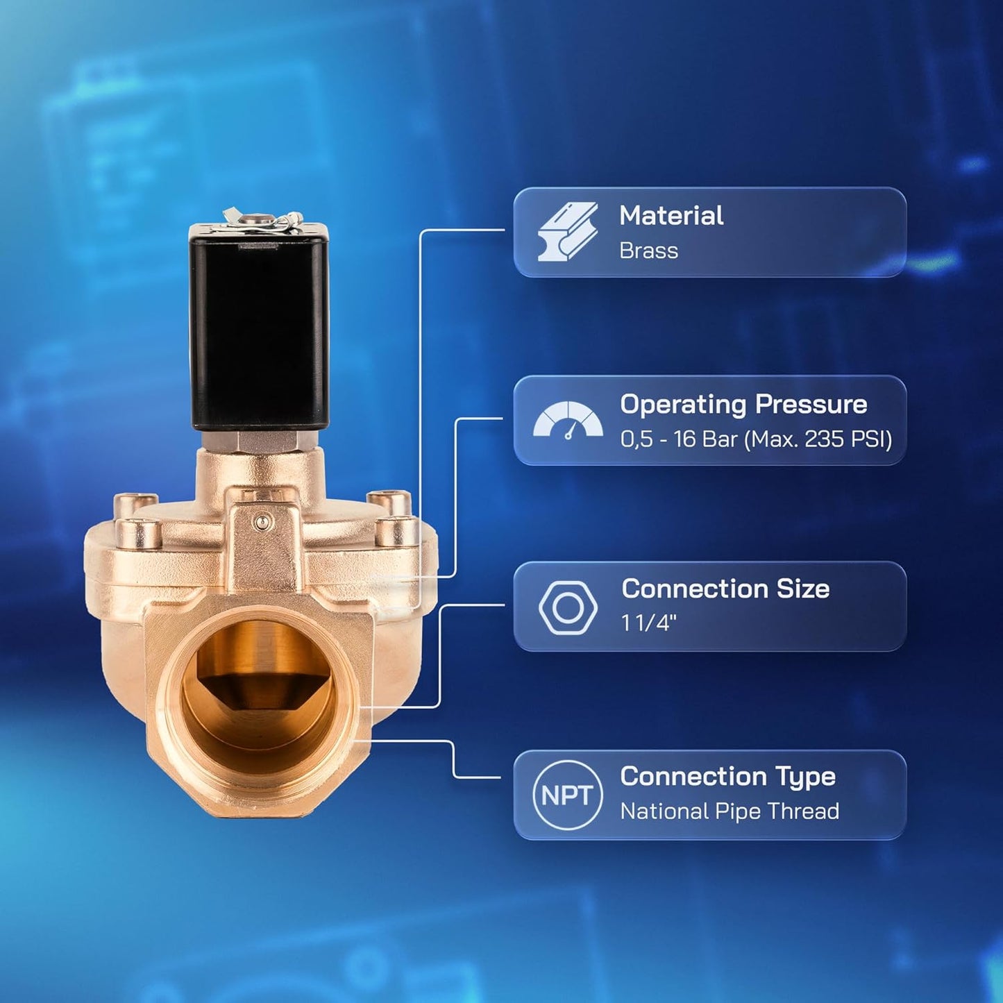 UNOX 1 1/4" NPT Solenoid Valve 220V AC, Brass Control Valve Normally Closed - 7-232 PSI Multi-Purpose Reliable Control Valve for Water, Air, and Gas - Solenoid Valves