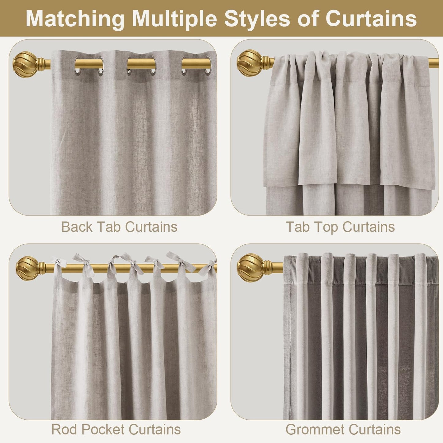 Gold Curtain Rods for Windows 48 to 84 Inch 7/8" Diamete Heavy Duty Adjustable Window Curtain Rod with Decorative Finials for Farmhouse Bedroom Living Room Kitchen Outdoor