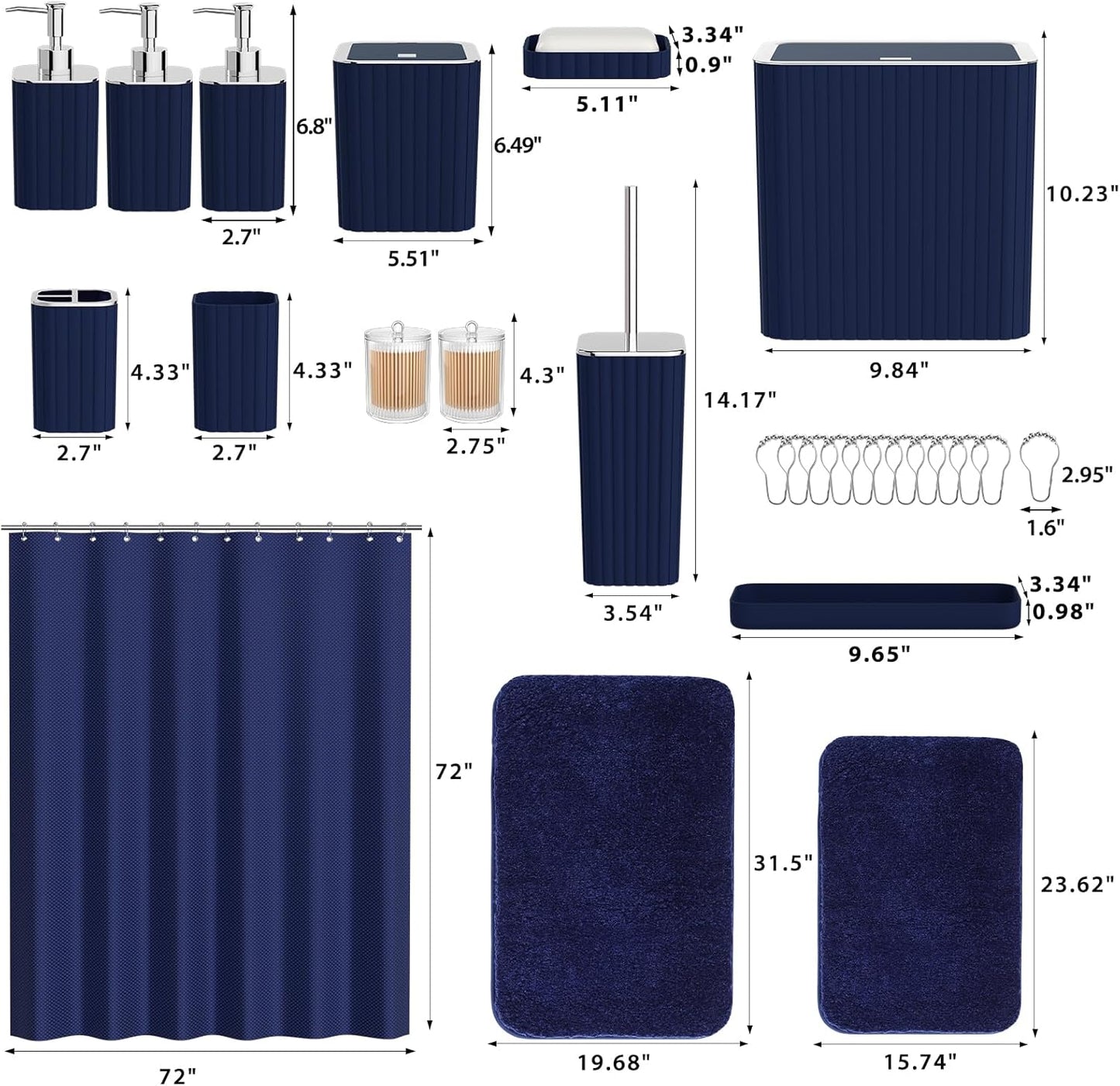 Bathroom Accessory Set - Bathroom Set, 27PC Bathroom Accessories Set, Navy Blue Bathroom Sets with Shower Curtain and Rugs, Mini Trash Can, Toilet Brush, Trash Can & Soap Dispenser