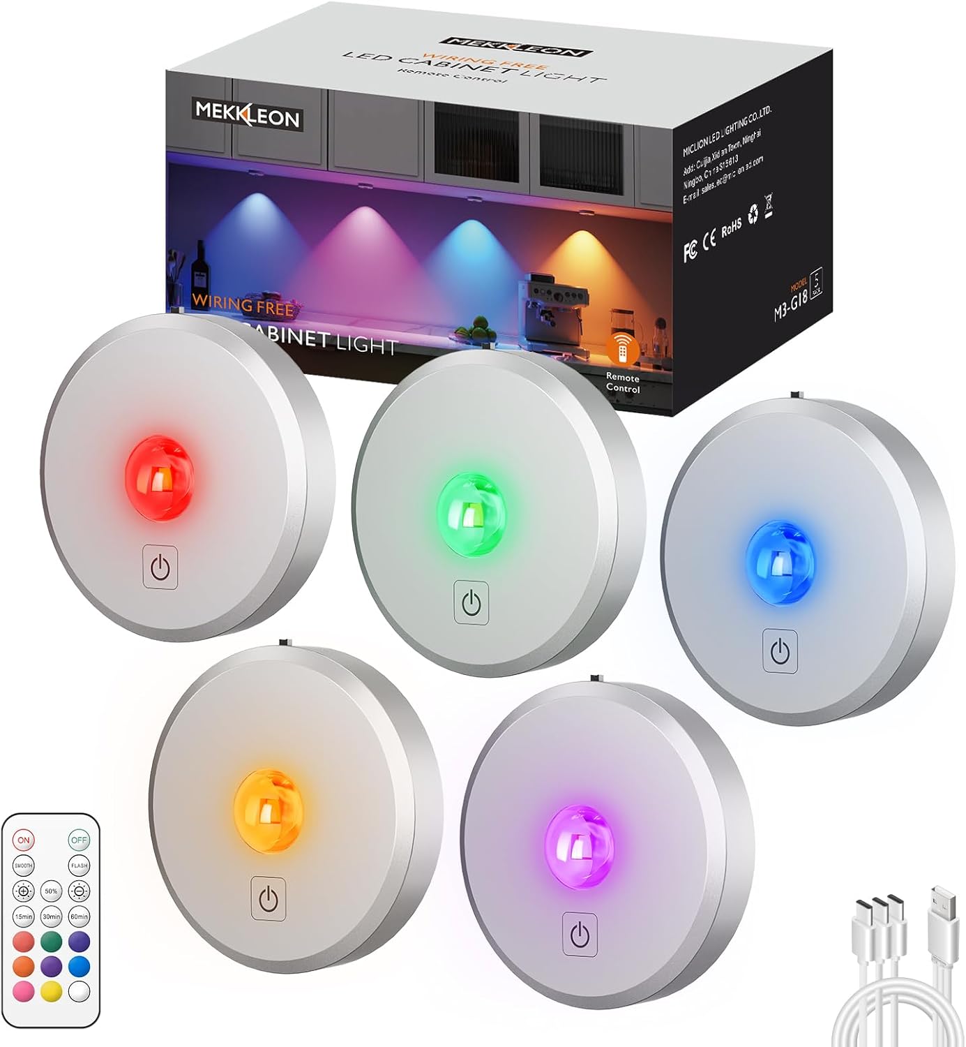 RGB Puck Lights with Remote Control, 2000mAh Battery Operated Tap Lights Rechargeable, 9 Colors & 2 Dynamic Changing Under Cabinet Lighting, Magnetic Stick on Light for Closet(Silver, 5 Pack)