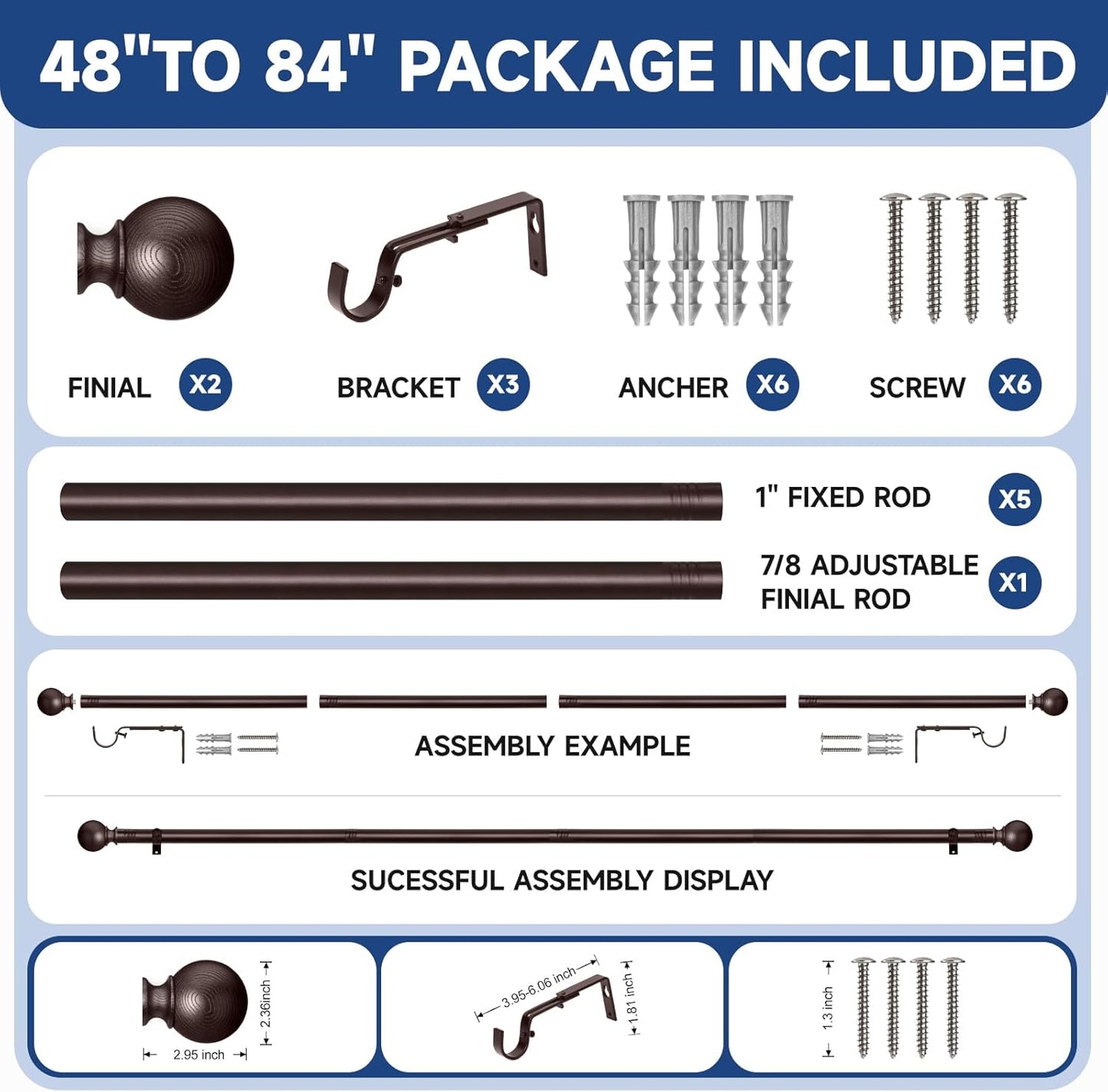 BRIOFOX Bronze Curtain Rods for Windows 48 to 84 Inch(4-7.33ft) - 1'' Diameter Heavy Duty Curtain Rods with Imitation Wood Grain Pattern Finials,Adjustable Decorative Curtain Rods Sets,28-88''