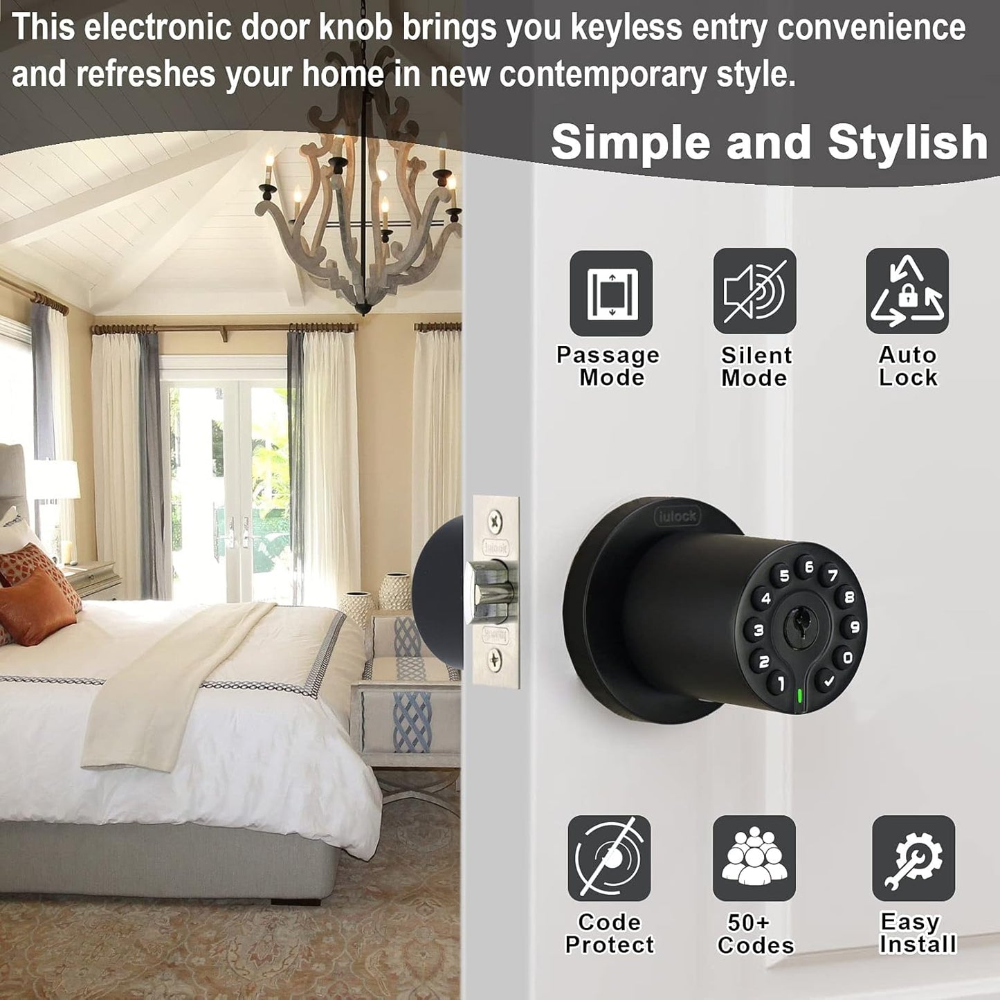 IU-20 Code Door Lock, Electronic Door Knob with Keypad and Key, Auto Lock, Waterproof, Passage Function, Long Battery Life,50 Codes, Easy to use and Install for Office/Warehouse/Bedroom/Garage