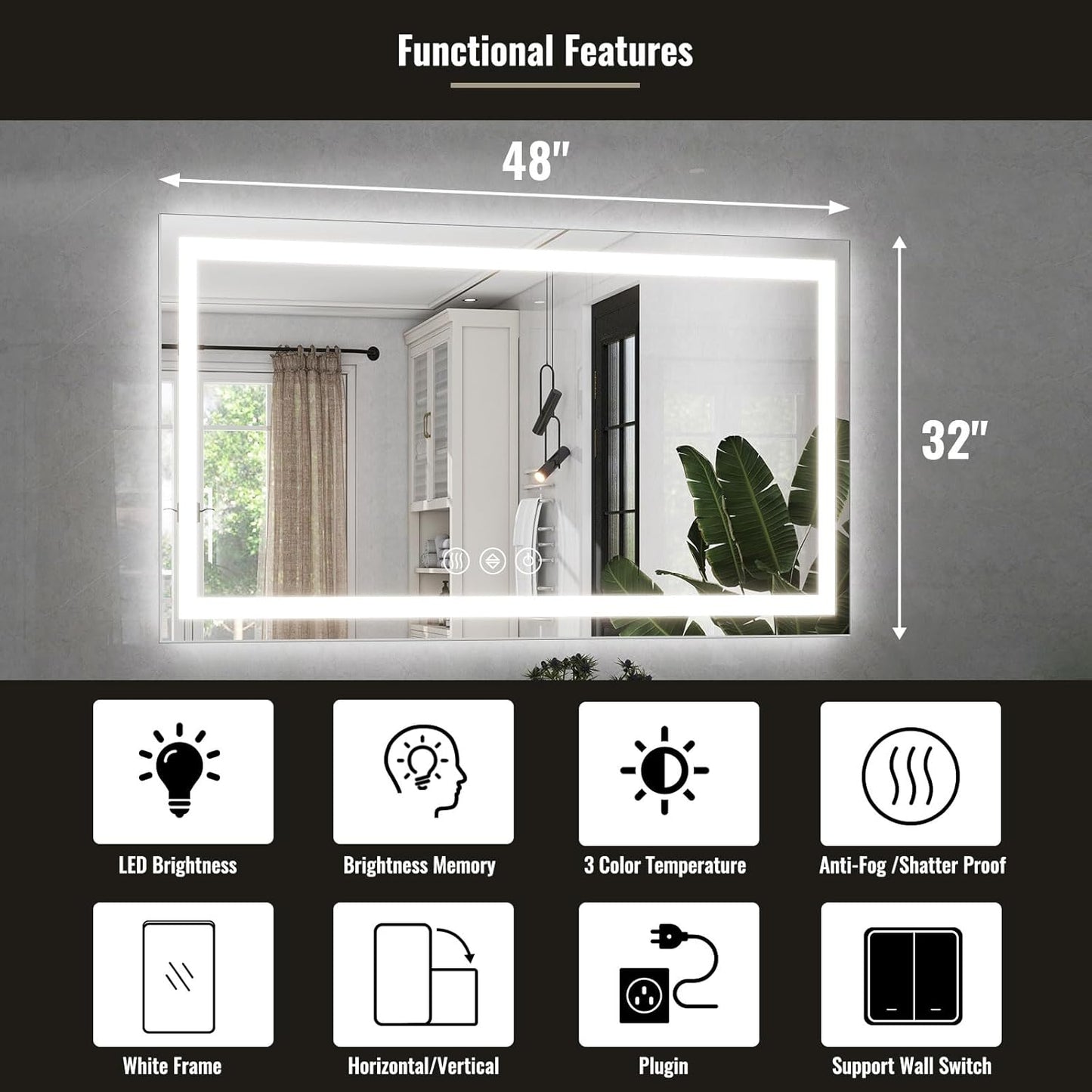 LED Bathroom Mirror, 32x48 Inch White Framed Gradient Front and Backlit Vanity Mirror, Anti-Fog, Dimmable, Wall Mounted Horizontal/Vertical Lighted Mirror, LED Vanity