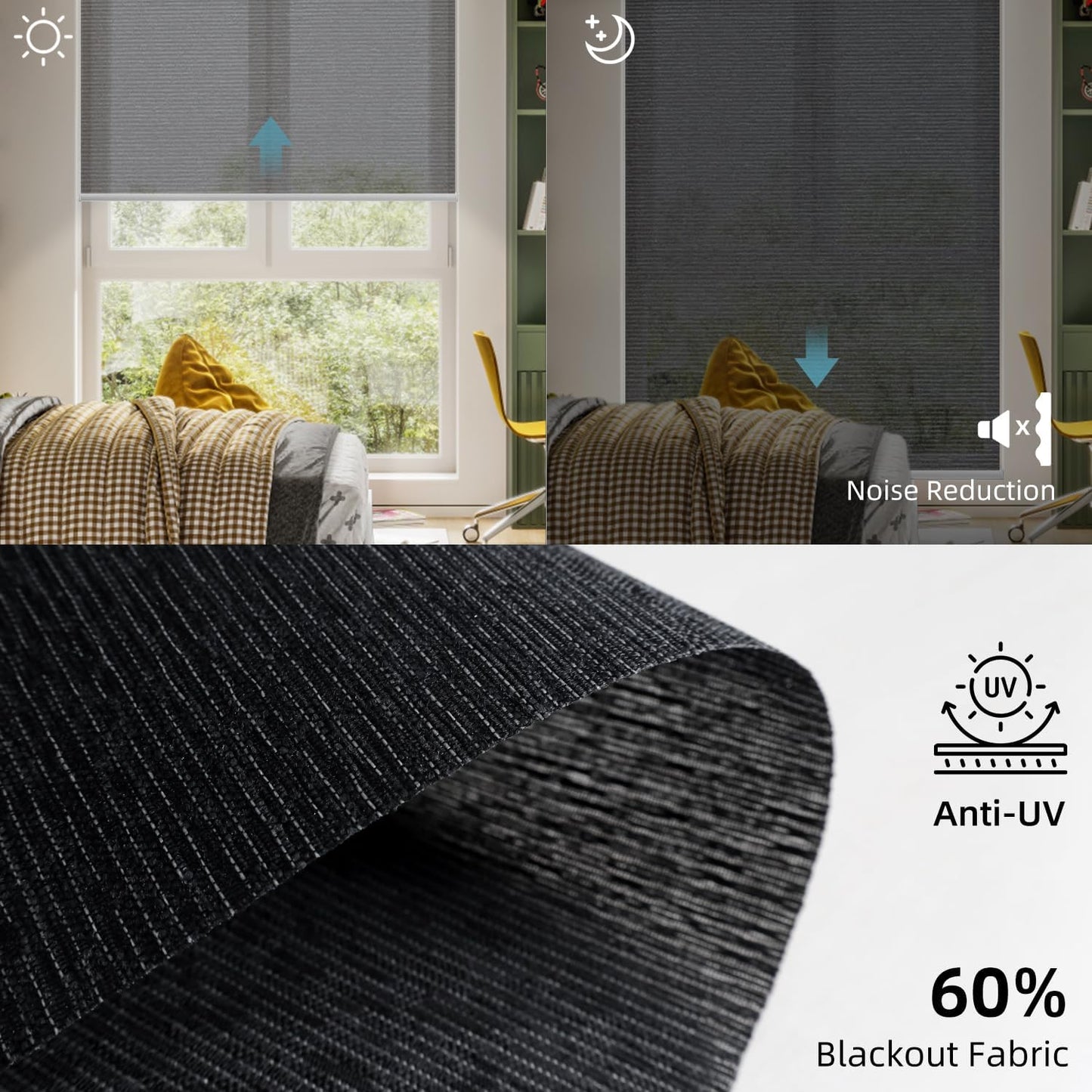 SmartWings Motorized Light Filtering Roller Shades 60% Blackout Work with Matter Homekit Alexa Z-Wave ZigBee SmartThings Google, Cordless with Remote Control, Twilight Obsidian