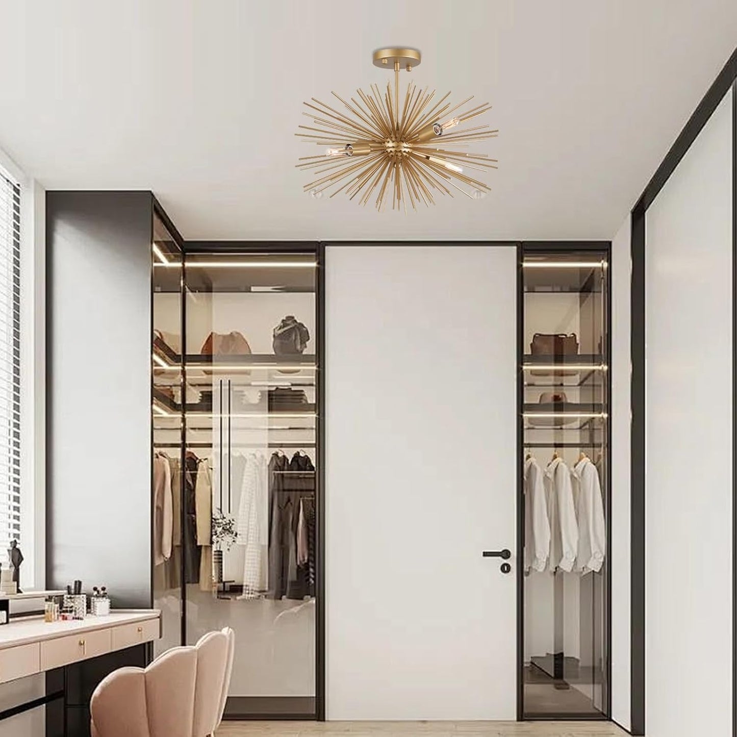 Starburst Chandelier, 4 Lights Modern Gold Sputnik Chandelier Vintage Light Fixture Flush Mount Ceiling Light for Bedroom Kitchen Island Entryway Foyer,20in