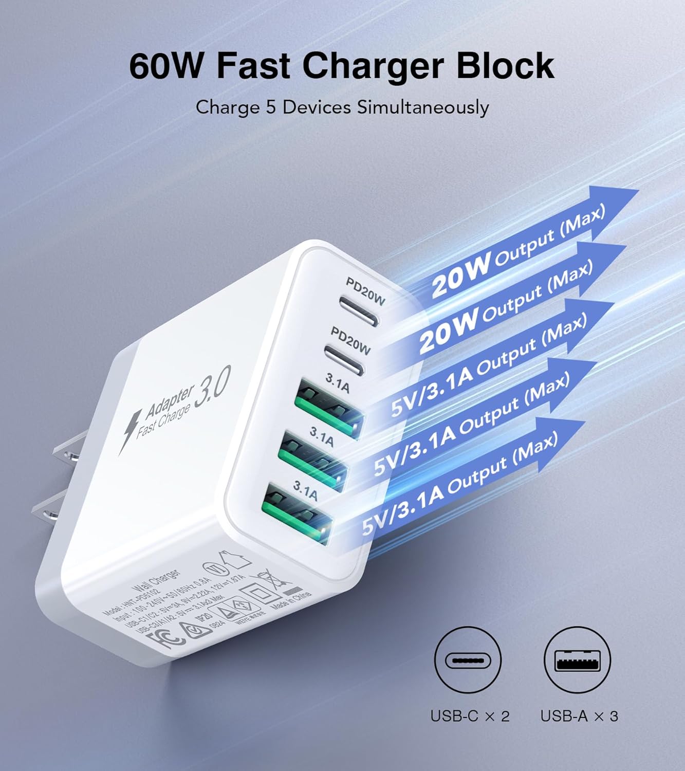 [2-Pack] USB C Wall Charger, 60W Fast USB C Charger Block, 5-Port PD Power Adapter + QC Wall Plug Multiport Type C Charging Block Cube Compatible with iPhone 17 16 15 14 13 12 Pro Max XR XS, Tablets