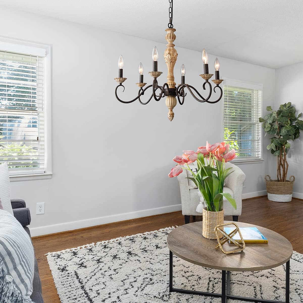 French Country Chandelier-Farmhouse Chandeliers for Dining Room 6 Lights Fixture Rust Imitation Wood Finish for Living Room, Bedroom, Kitchen, Stairway, Bathroom (Dia 23.3”)