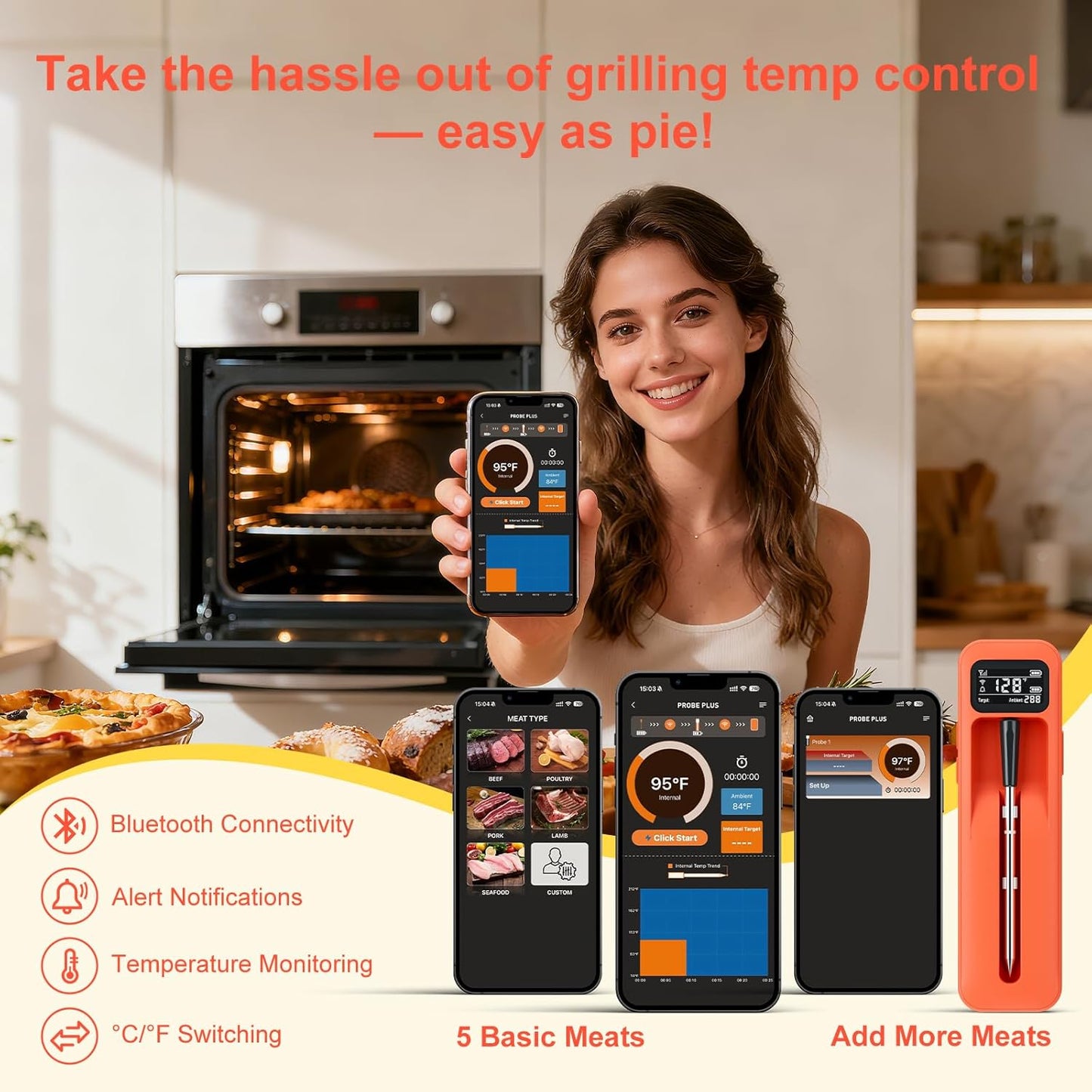 Smart Bluetooth Wireless Meat Thermometer with Ceramic Probe,±1°F Accuracy,IPX8,Real-Time Readings from App or Standalone Display Base for BBQ,Grill,Smoker,Steak,Turkey,Chicken,Pork,Lamb