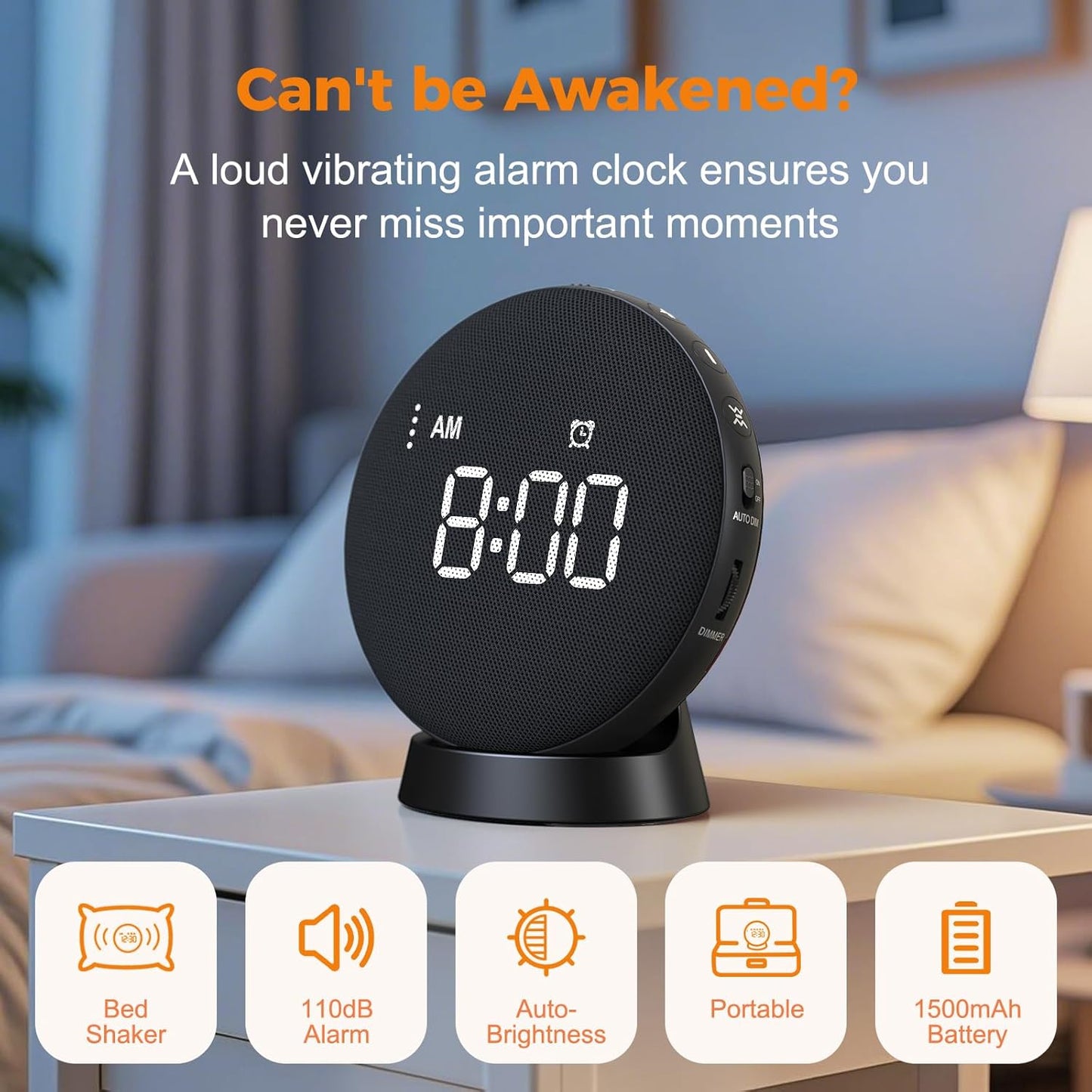 Gianna Vibrating Alarm Clock for Heavy Sleepers - 110dB Loud Alarm Clock, 3 Wake Modes, Auto-Dimming, Rechargeable Battery Operated Bed Shaker for Bedroom and Travel