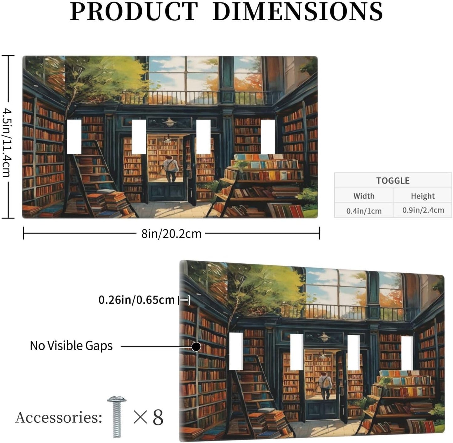 Library With A Lot Of Books Light Switch Covers Quad Toggle 4 Gang Wall Plate Decorative Switchplate Electrical Faceplate for Farmhouse Bathroom Living Decor