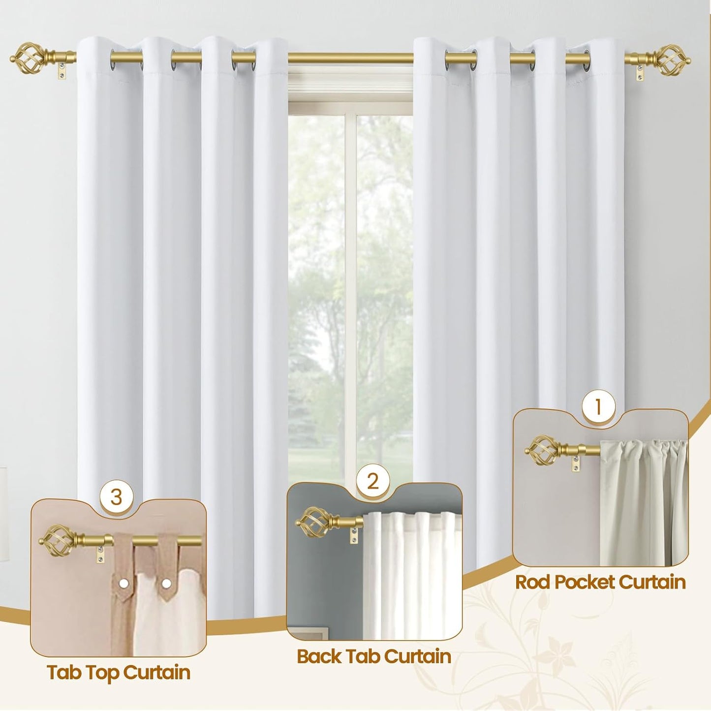 KAMANINA Gold Curtain Rods for Windows 72 to 144 Inch, Long Curtain Rod 32 to 144 Inches (2.6-12ft), 6/8 In Splicing Adjustable Single Drapery Rod with Twisted Cage Finial