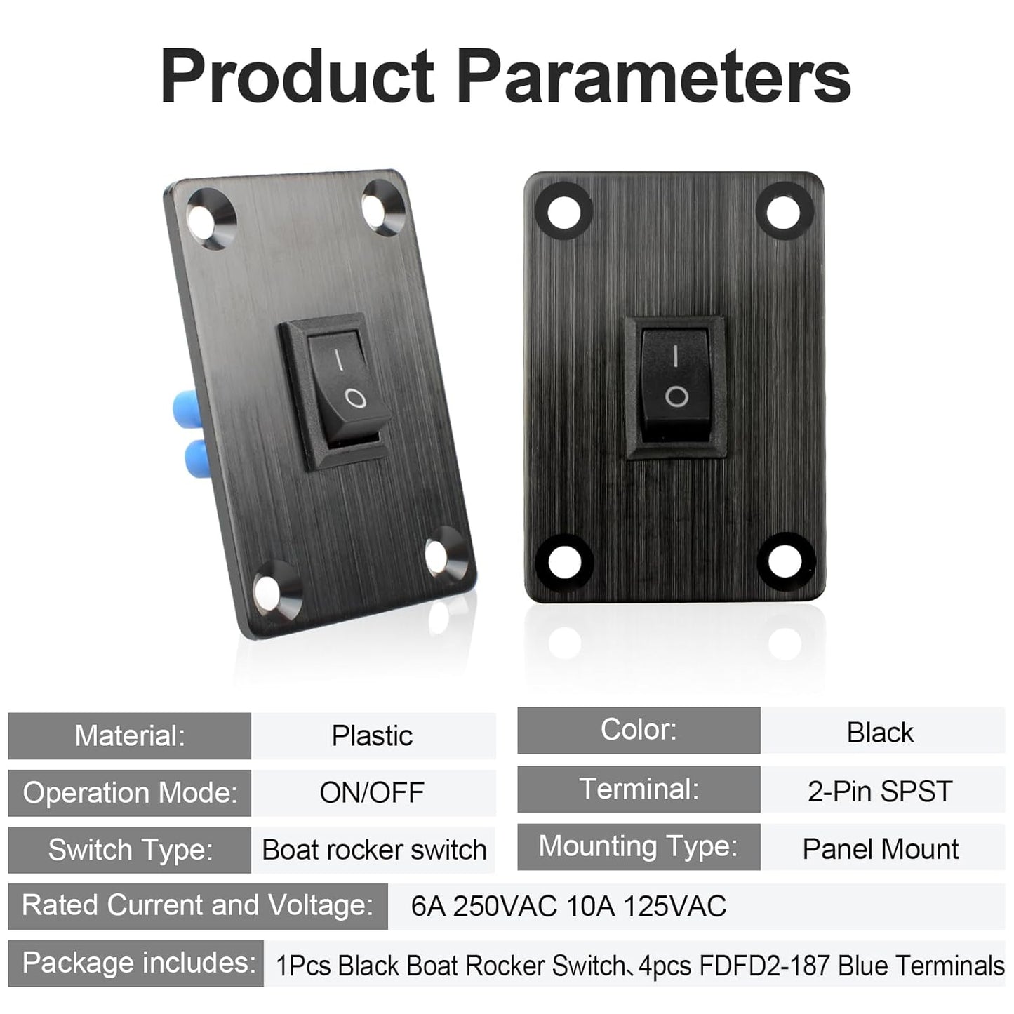 1Pcs Black KCD1 Boat Rocker Switch 2-Position 2-Pin SPST Panel Switch 6A 250VAC 10A 125VAC, with 4pcs FDFD2-187 Blue Terminals, CE