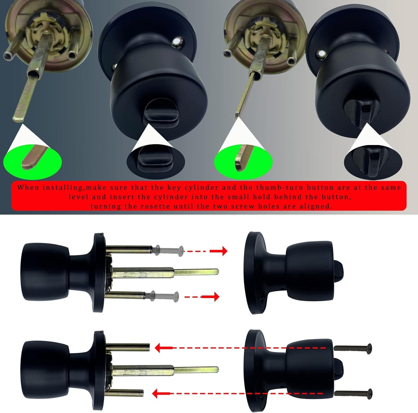 JO.KO Door Knob with Lock and Keyed, Black Matte Round Ball Lock Interior/Exterior Door Knob for Bedroom Or Bathroom/Entry Door Handle