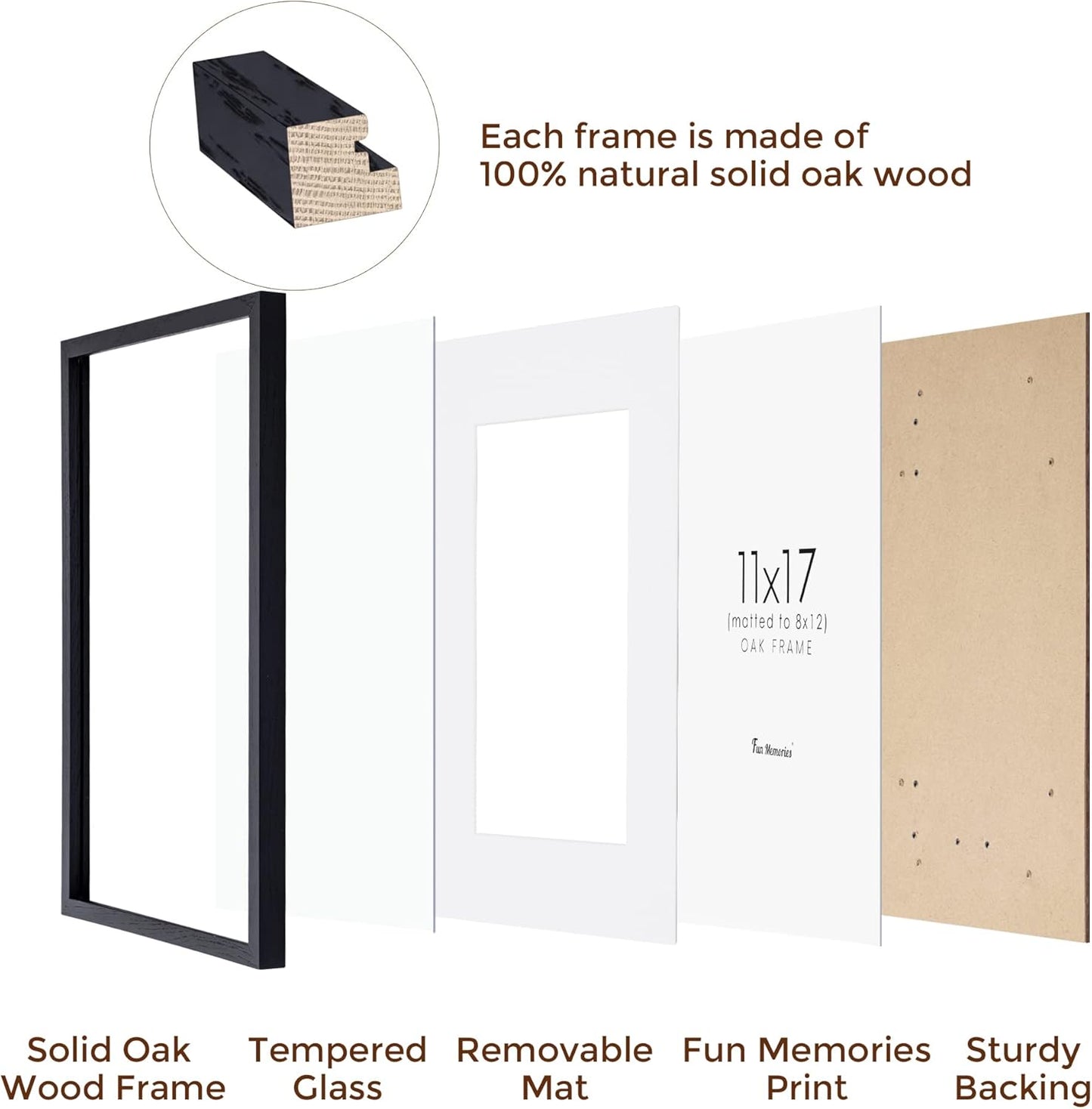 Fun Memories 11x17 Oak Wood Picture Frame in Black, 11"x17" Poster Frame for Wall, Wood Photo Frame 11 x 17 with Tempered Real Glass, 11x17 Frame Matted to 8x12 - Black Color, 1 Pack