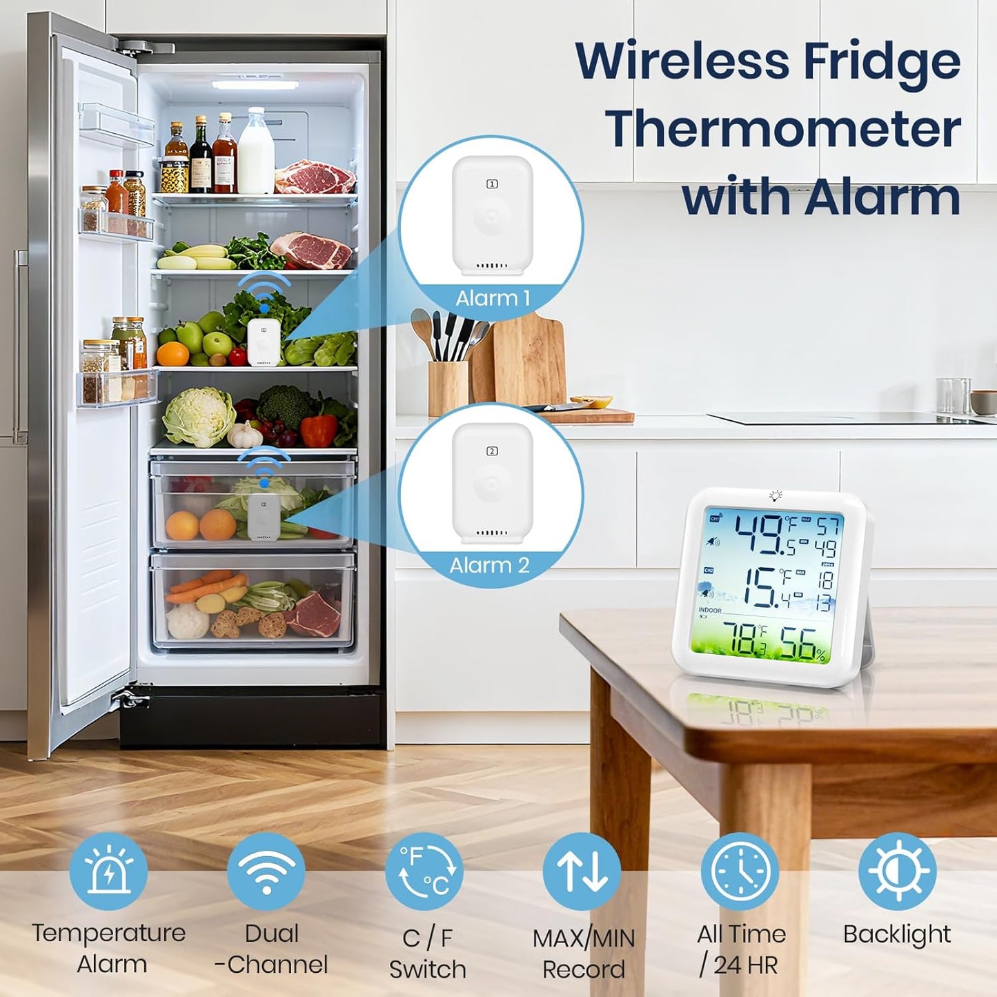 Refrigerator Thermometer with Freezer Alarm, Wireless Freezer Thermometer, Max/Min Temperature Records Fridge Monitor, 330ft Temperature Humidity Monitor with 2 Sensors, for Kitchen Home Restaurant