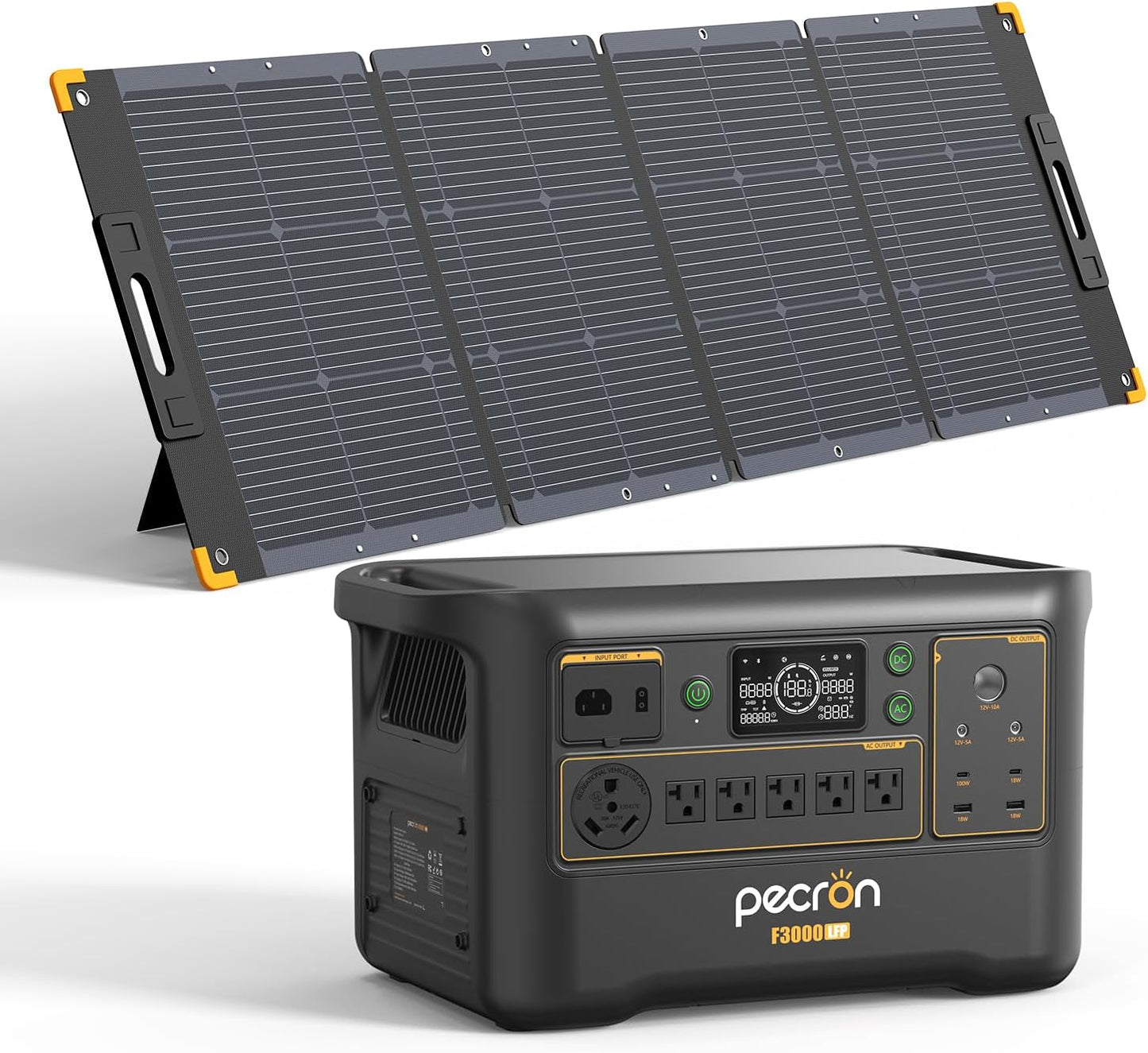 pecron F3000LFP Solar Generator with 300W Solar Panel, 3072Wh Portable Power Station, 3600W LiFePO4 Battery Home Backup, Fast Charging Lithium Battery with 100W USB-C for Home, Camping, RV, Emergency