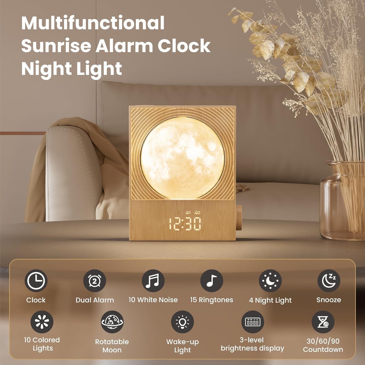 Sunrise Alarm Clocks for Heavy Sleepers,Rotatable Moon Light with Gentle Wake-Up,Clock Night Lamp for Bedrooms - Snooze,10 Light Effects,10 Nature Sounds,15 Ringtones for Adults,Kids,Nursery
