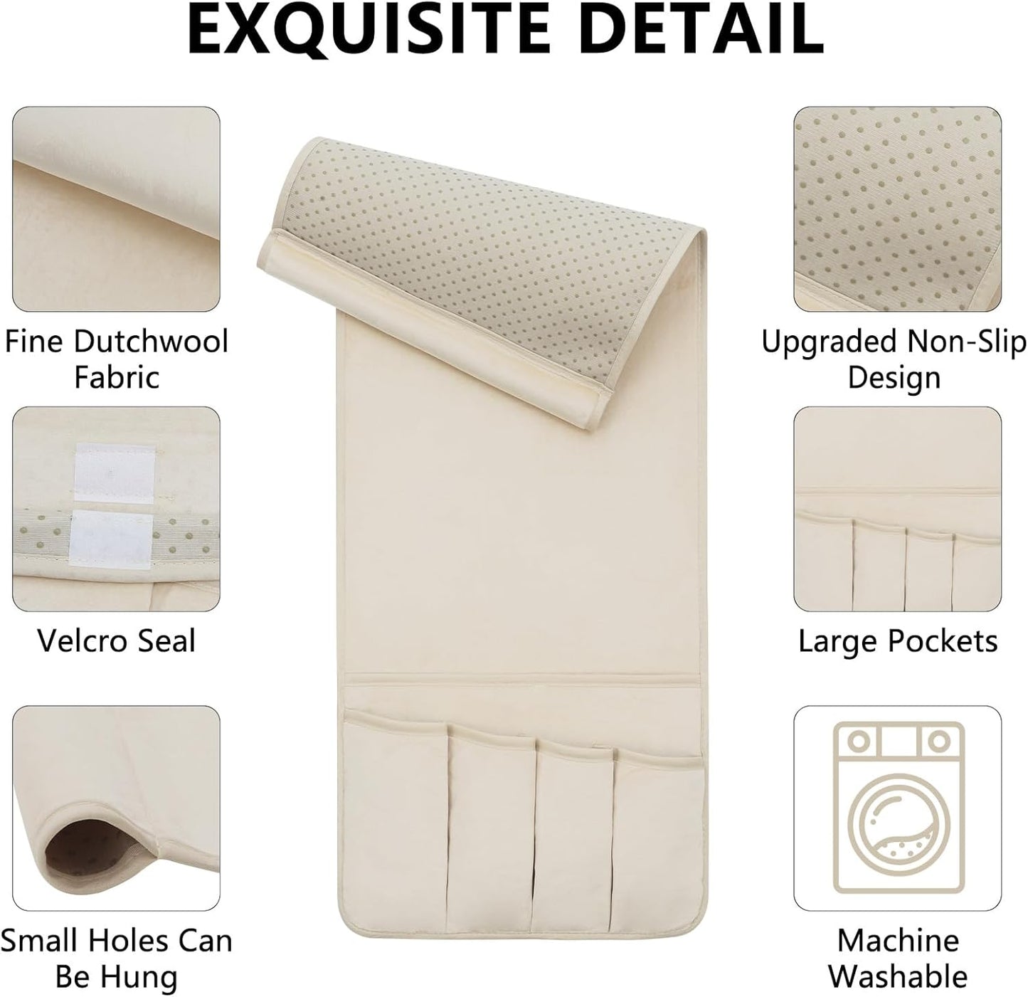 TV Remote Control Holder Couch Caddy, Non-slip Bedside Caddy Organizer with 5 Pockets for Key Glasses Phone Magazine Holders (Beige, 35"x12.4")