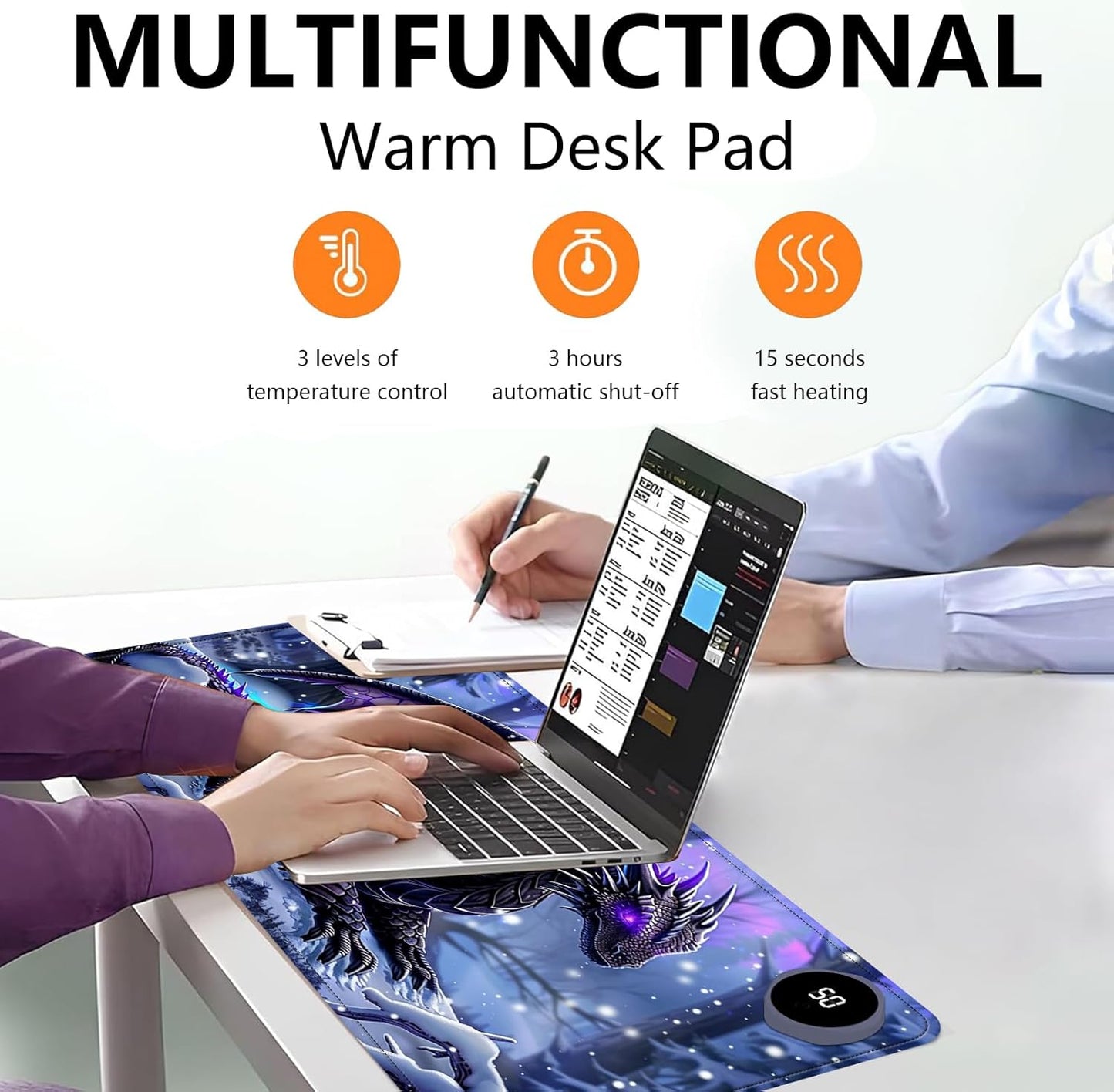 Heated Mouse Pad with 3 Levels Heated & 3 Hours Auto Shut-Off Mouse Pad for Warming Hands in Office Home, 31.5" x 13"Large Safe Desk Mat Hand Warmer，Purple Flying Dragon