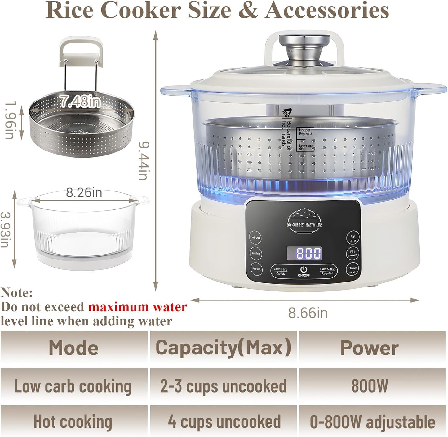 Low Carb Rice Cooker,3L Multifunction Smart Rice Cooker - 4H Keep Warm,Digital Display,Timer & Reservation Function,Suitable for Cooking,Simmering,Stewing,and Steaming(3L,Beige)