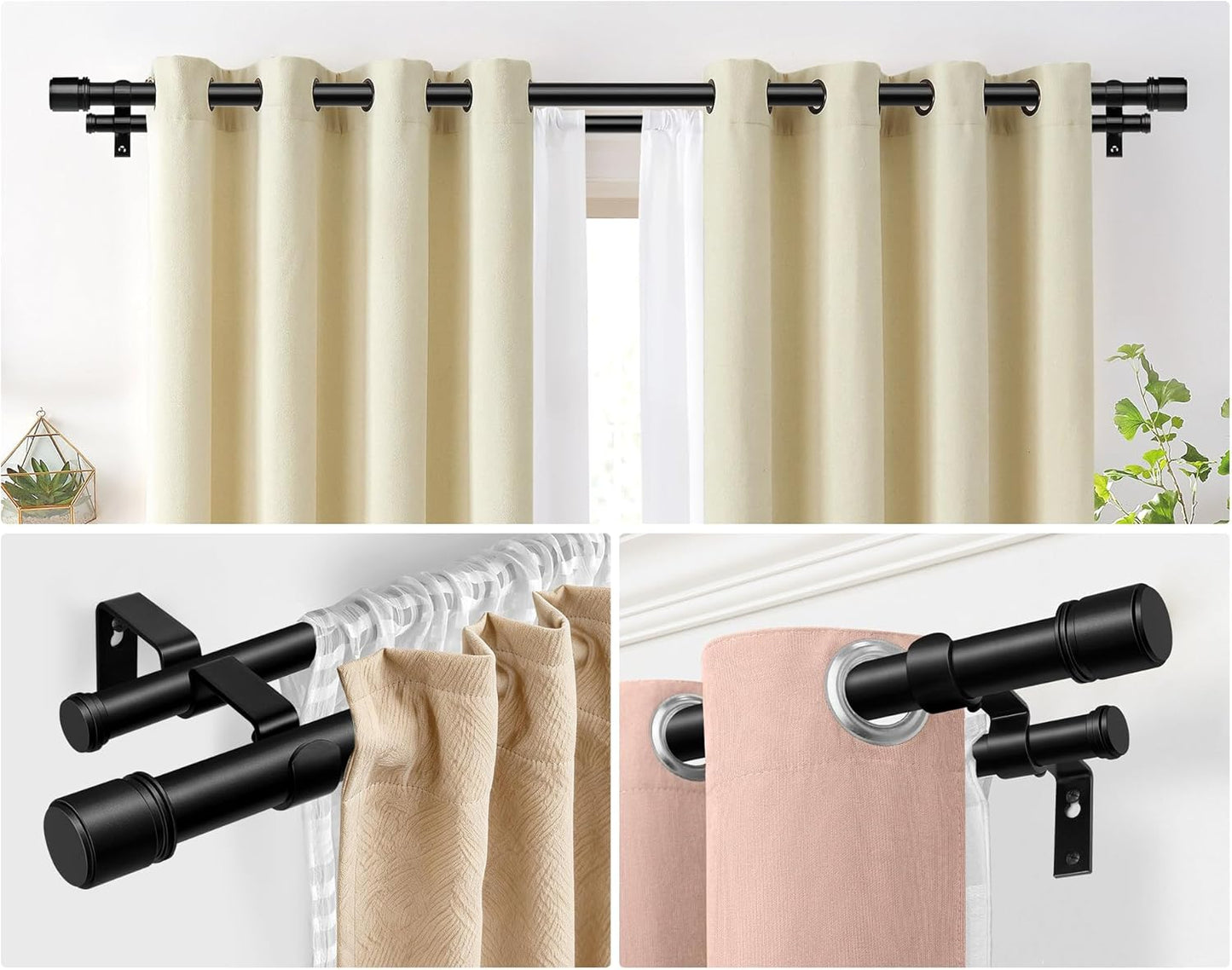 Double Curtain Rod 66 to 120 Inch, HOTOZON 1 Inch Heavy Duty Double Curtain Rods for Windows 54 to 116 Inches(4.5-9.6 ft), Telescoping Drapery Rod with Simple End Finials, Black