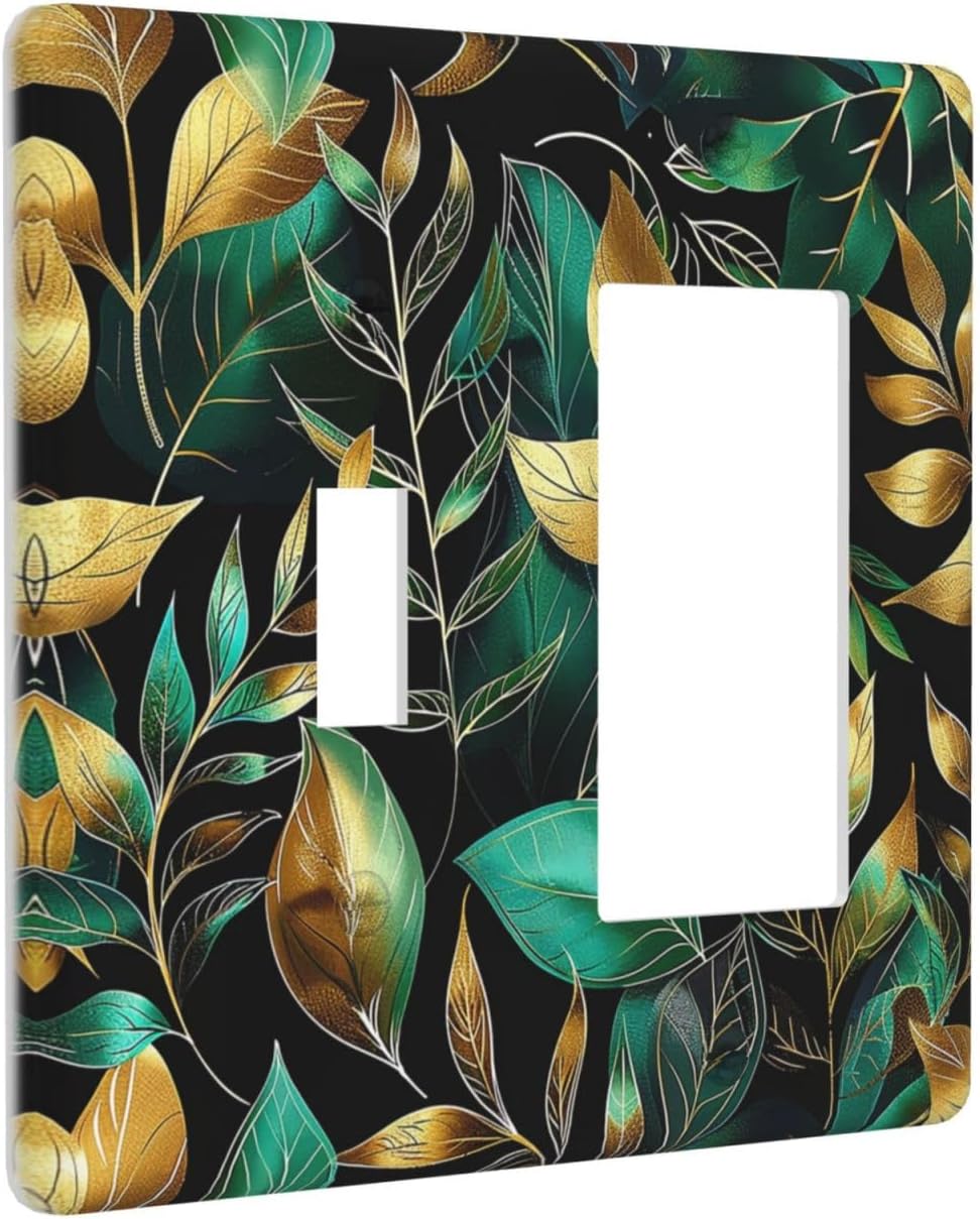 Outlet Covers Vintage Dark Green Vine Leaf Golden Plants 1 Toggle 1 Rocker Combination Decorative Wall Plate Electrical Switch Plates Light Switch Cover Plate for Bed Room Cabin Decor