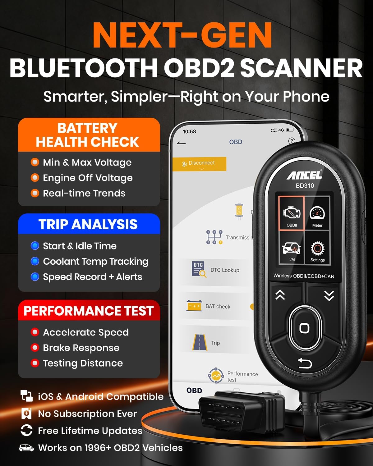ANCEL BD310 OBD2 Scanner & Engine Code Reader - Advanced Battery Test, Trip Analysis, Performance Test, Bluetooth Diagnostic Tool for Android & iPhone - Works for All 1996+ Vehicles