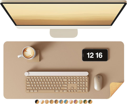 YSAGi Double-Sided Desk Pad, Leather Desk Mat, Eco Cork Desk Pad Protector, Large Mouse Pad for Desk, Waterproof Desk Blotter Pad, Writing Pad for Office/Home(23.6"x13.7",Apricot)