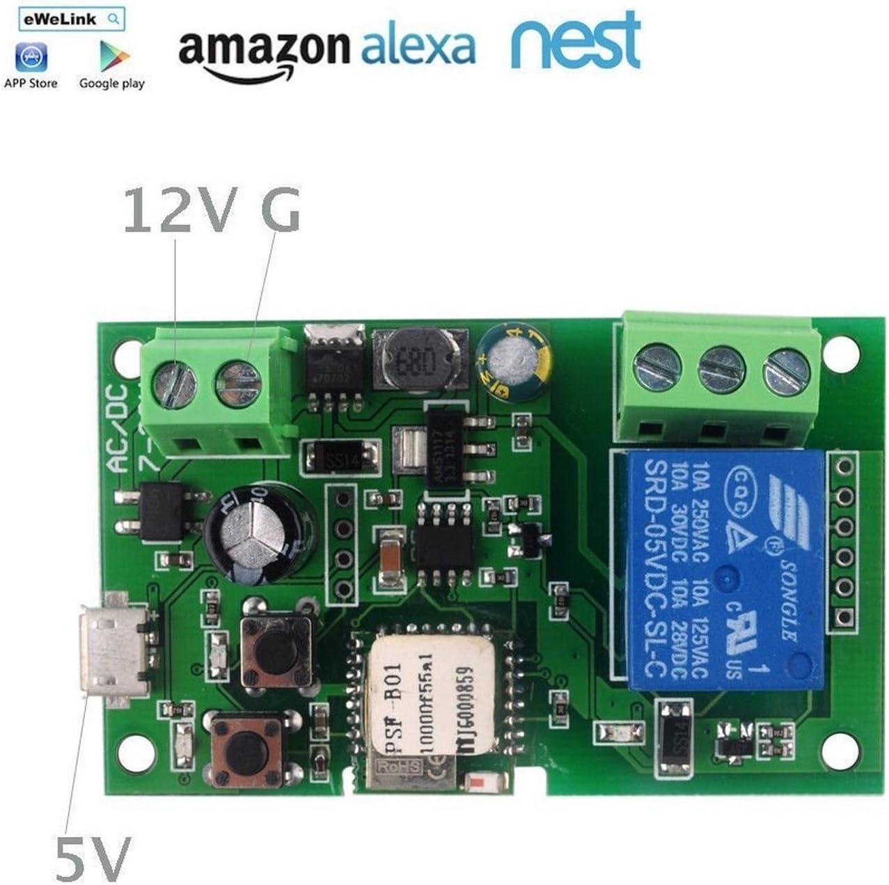WiFi Wireless Smart Switch Relay Module for Smart Home 5V 5V/12V，Ba applied to access control, turn on PC, garage door (12V)
