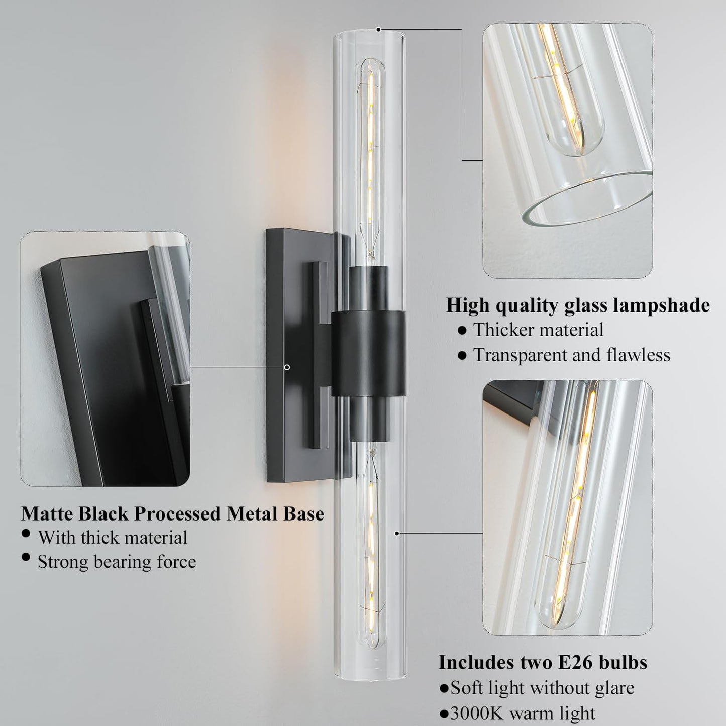 2-Light Matte Black Bathroom Light Fixtures with Glass Shades,Modern Wall Sconce for Bedroom Bath Mirror Lights.