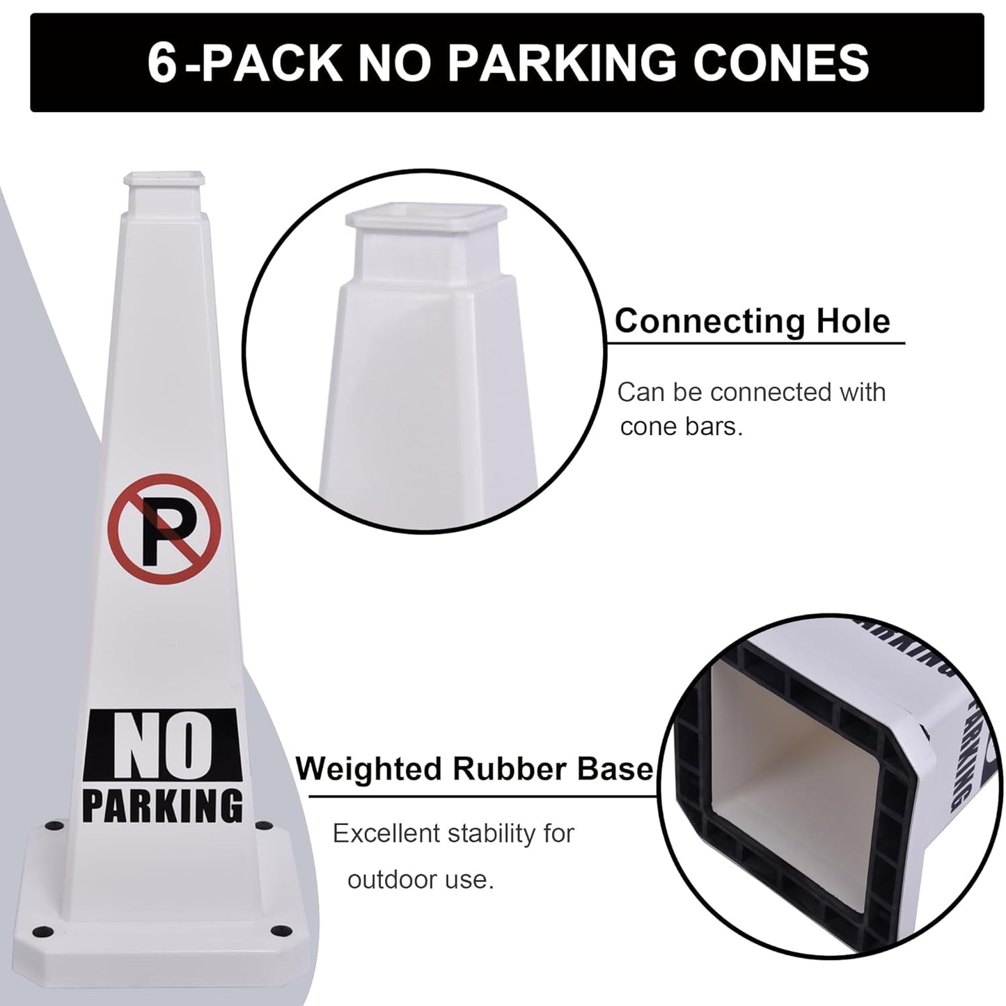 OrangeStar 6-Pack 28" No Parking Cones, Large 4-Sided Traffic Cones with Heavy Rubber Base for Parking Lot Control, Safety, Driveway | Indoor Outdoor Use