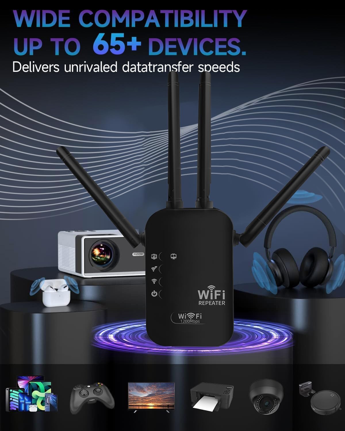 300Mbps WiFi Extender Signal Booster,WiFi Extender Dual Band for Home，New Gen 6X Faster Internet Booster Extender, WiFi Repeater Coverage up to 10K sq.ft and 65 Devices （Black）