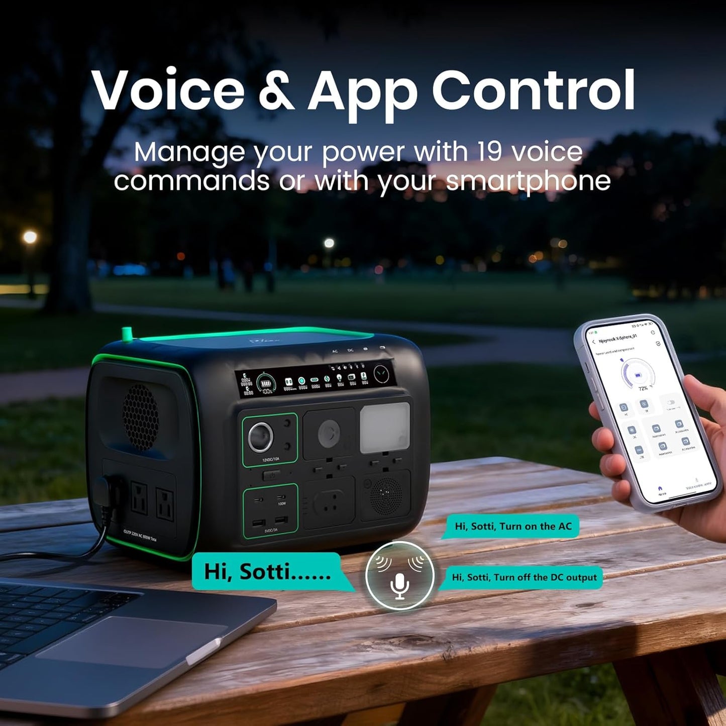 Portable Power Station, with Snap-on Light, Speaker & Charger, 800W Solar Generator, 512Wh Outdoor Power supply for Camping RV hiking, 100W USB-C Output, 3 AC Outlets
