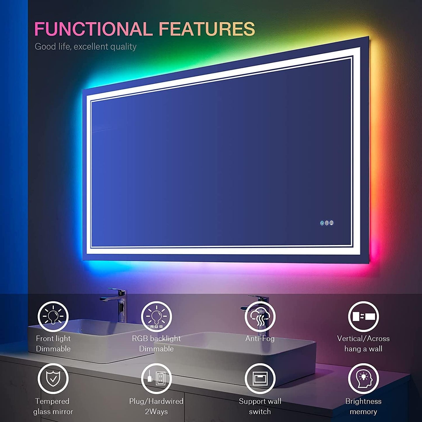 40x32 inch LED Bathroom Mirror with RGB Lights Color Changing Backlit Mirror Shatterproof Dimmable Anti-Fog Lighted Vanity Mirror (RGB Multicolor Backlit + Adjustable Front-Lighted)