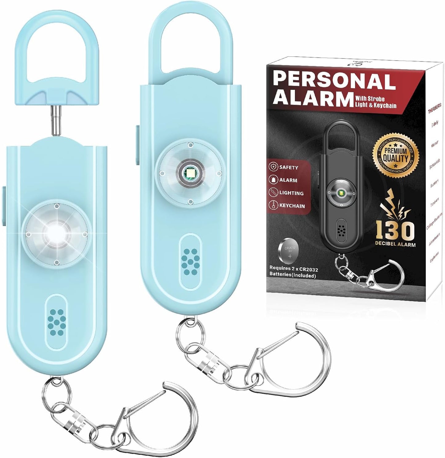 Personal Safety Alarm Keychain for Women 2PCS -130 dB Loud Siren with SOS Strobe Light, Flashlight, Double Speakers, Safe Defense Key Chain for Girls Kids Elders Emergency Call