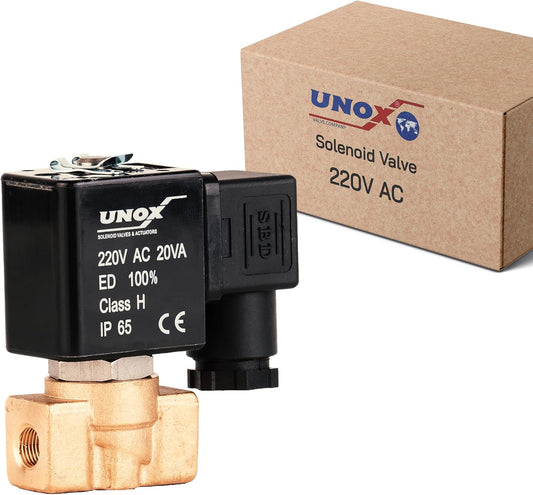 UNOX 1/4" NPT Solenoid Valve 220V AC, Brass Control Valve Normally Closed - 0-232 PSI Multi-Purpose Reliable Control Valve for Water, Air, and Gas - Solenoid Valves