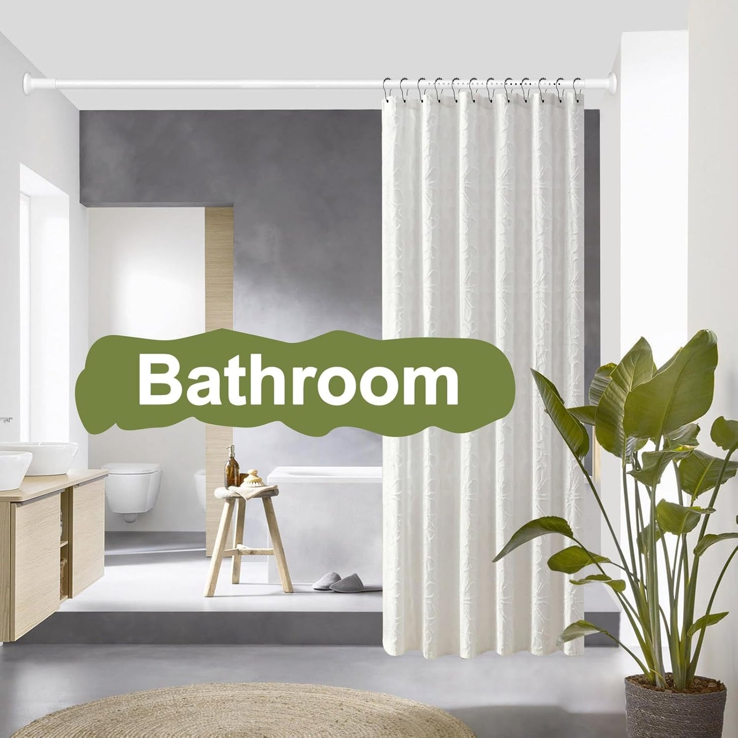 White Tension Curtain Rod 51-165In, Long Adjustable Tension Rods No Drilling for Window or Bathroom, Outdoor Curtain Rods for Patio, Easy to Install, Never Rust, Rod Diameter 1.26 Inches-White