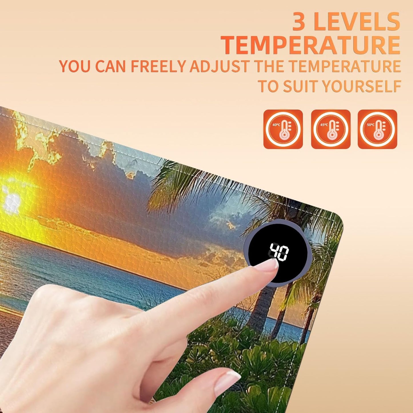 Heated Mouse Pad 31.5x13 in 3-Temp Fast Heating Desk Mat with Auto Timer Warmer for Hands Wrist Pain Relief Waterproof Keyboard Mat for Office, Gaming, Home, Sunset Beach Pathway