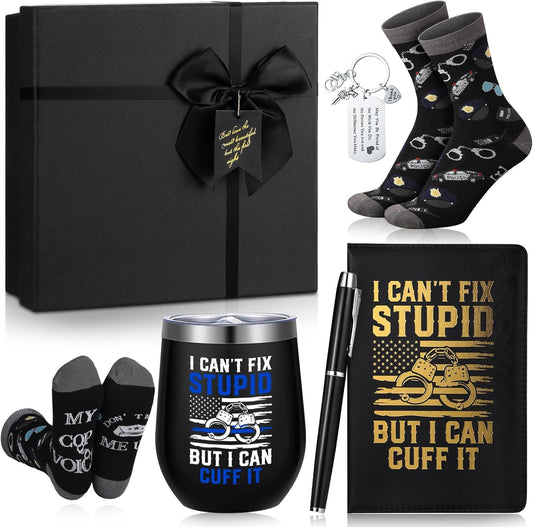 6 Pcs Police Officer Gifts for Men Law Enforcement Gifts 12 oz Stainless Steel Cup Socks Keychain Pen Notebook Box for Correctional Officer Cop First Responder Policeman Gear Accessories