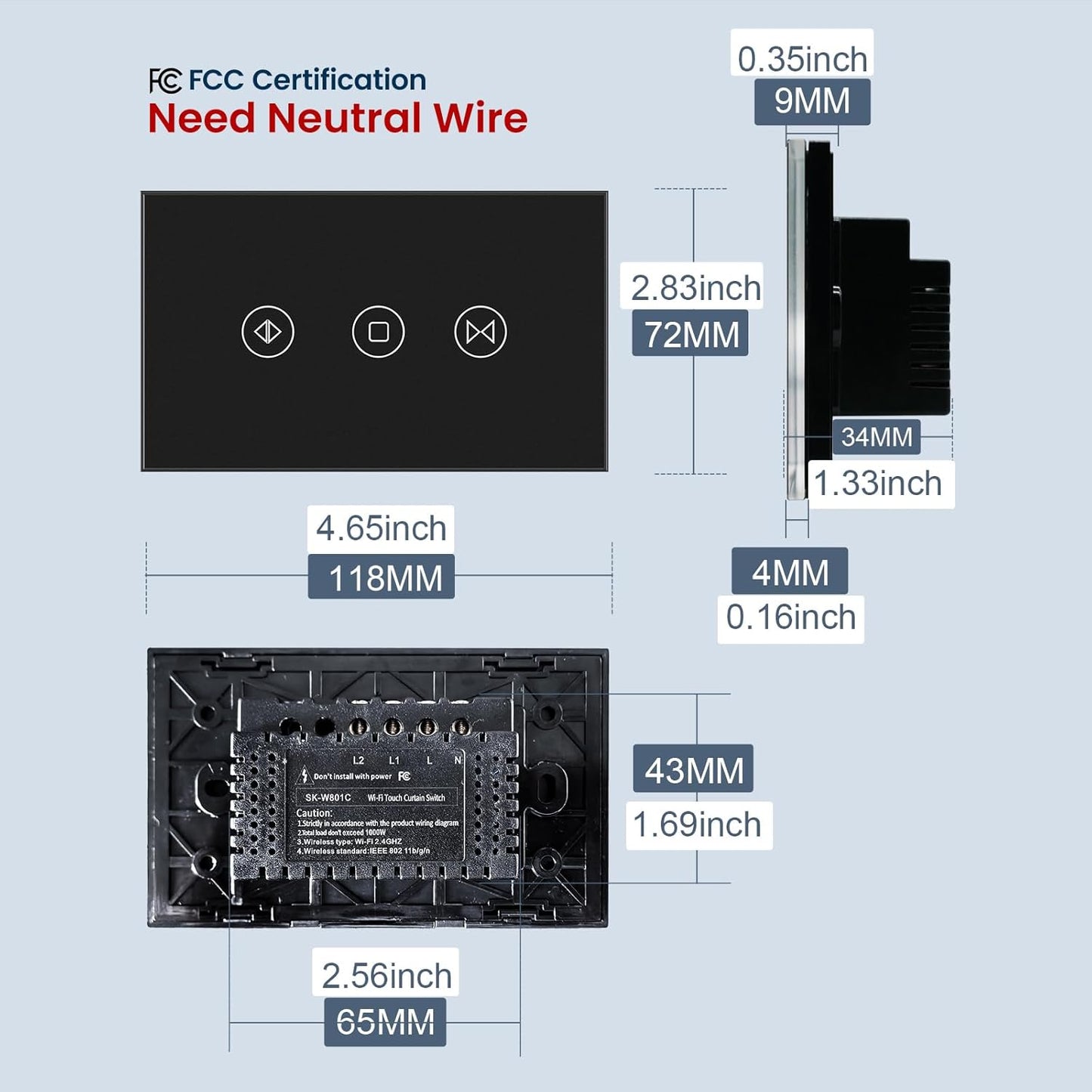 Smart Curtain Switch Neutral Wire Required, 2.4GHz WiFi Dimmer Light Switch with Remote Voice Control, Tempered Glass Panel, Compatible with Alexa and Google Home, Black WiFi Curtain