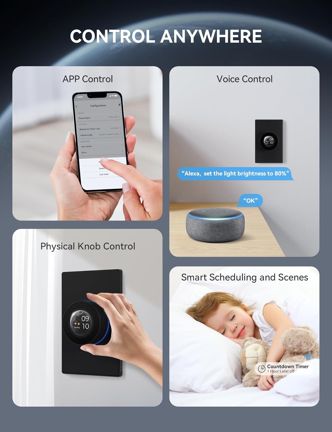 ELEGRP WiFi Smart Rotary Traic Dimmer with 1.8 inch TFT Display Screen, Single Pole, Needs Neutral Wire, 2.4GHz Wi-Fi, Compatible with Alexa and Google Home, No Hub Required, UL Listed, 2 Pack, Black