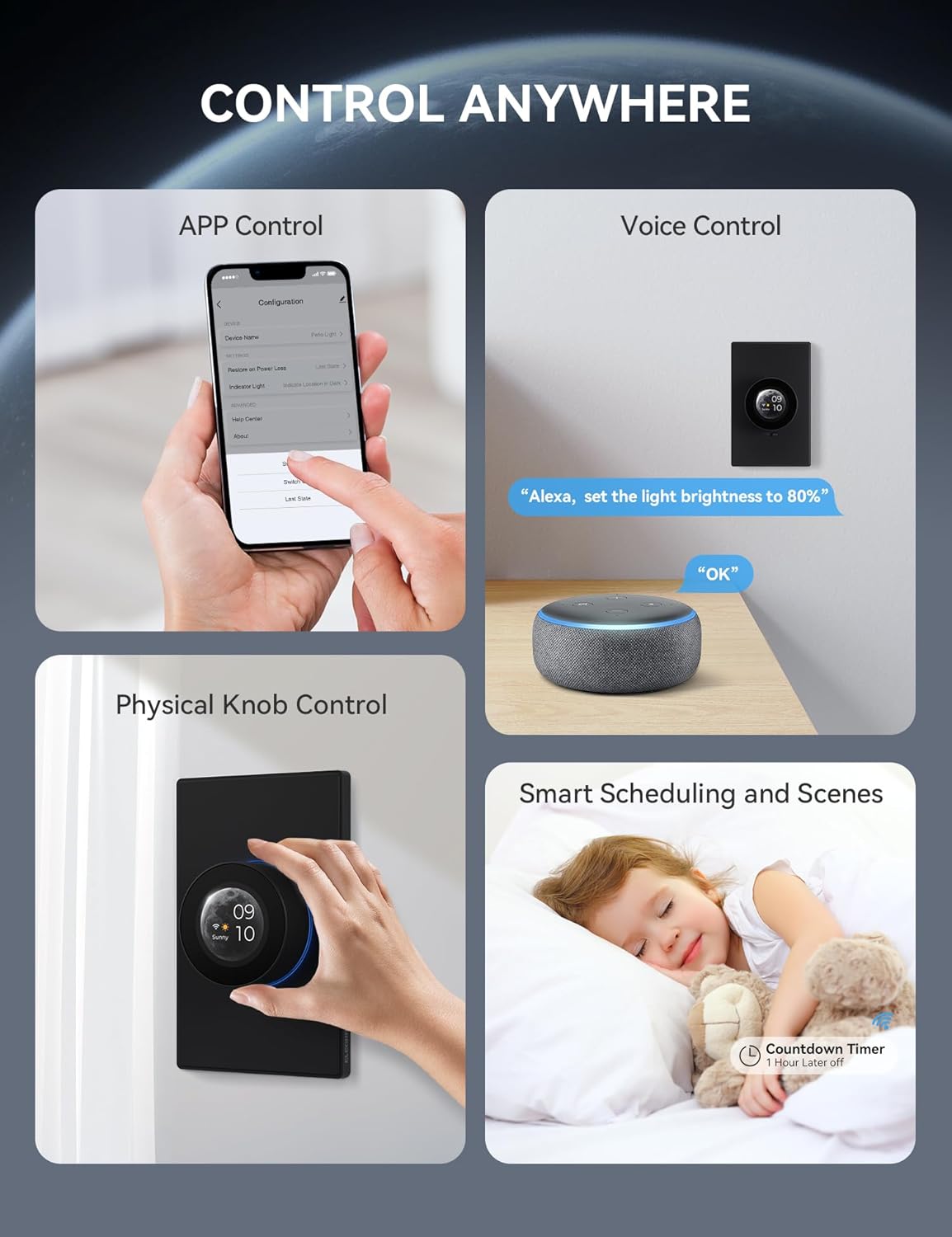ELEGRP WiFi Smart Rotary Traic Dimmer with 1.8 inch TFT Display Screen, 3 Way, Needs Neutral Wire, 2.4GHz Wi-Fi, Compatible with Alexa and Google Home, No Hub Required, UL Listed, 1 Pack, Black