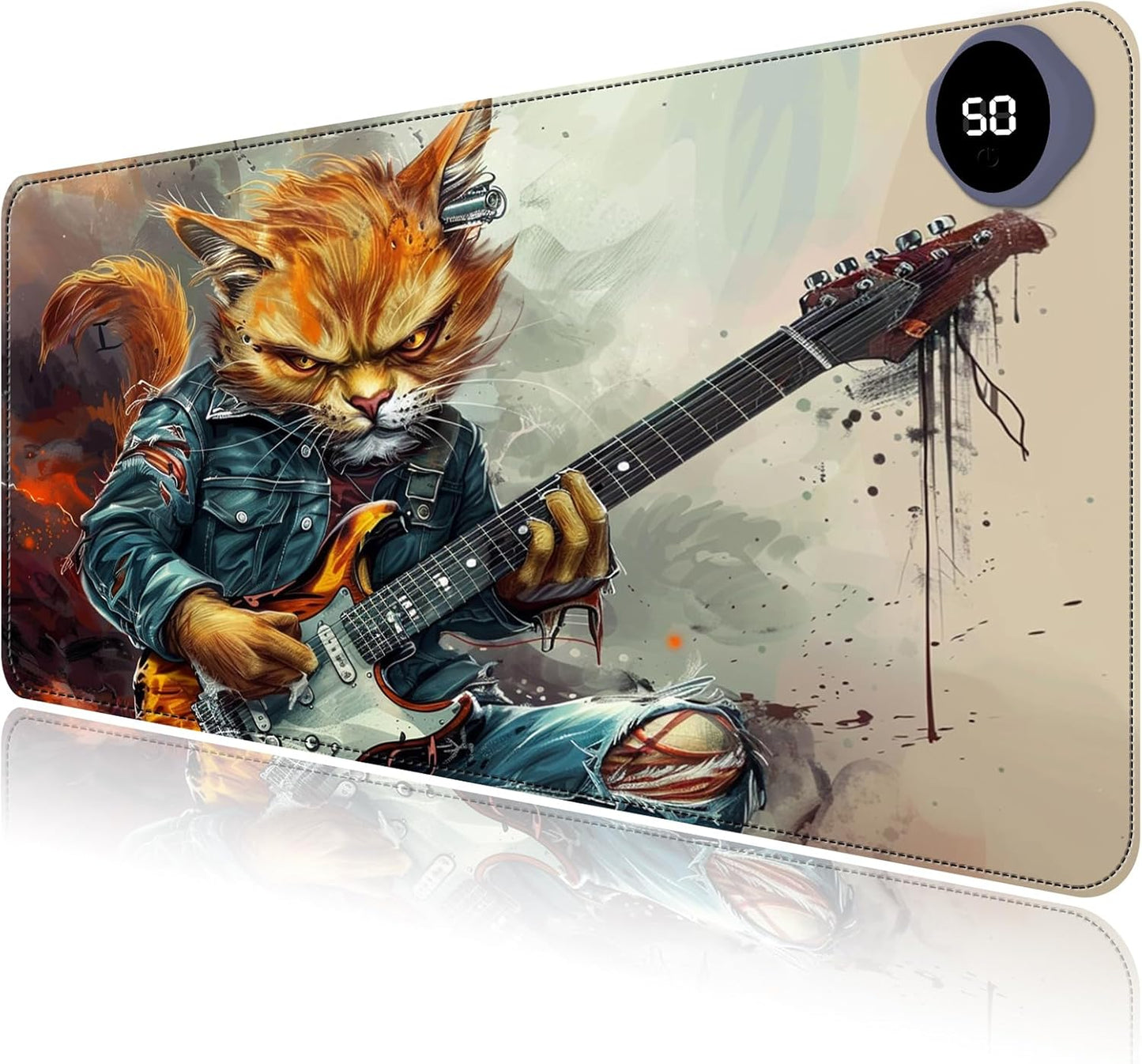 Heated Mouse Pad with 3 Levels Heated & 3 Hours Auto Shut-Off Mouse Pad for Warming Hands in Office Home, 23.6" x 14.2"Large Safe Desk Mat Hand Warmer，Cat Playing Guitar
