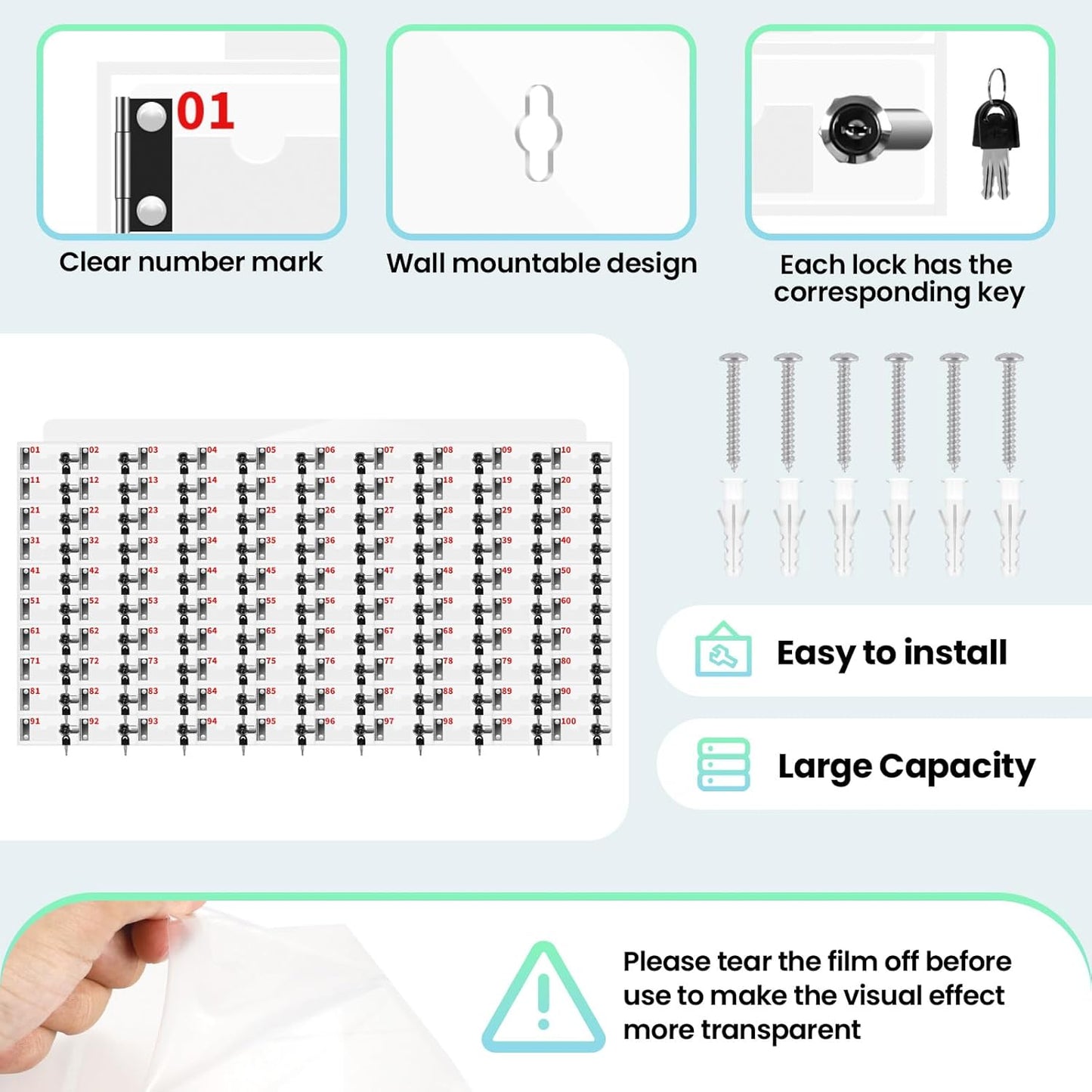 100 Slots Clear Acrylic Cell Phone Locker Box Wall-Mounted with Keys, Lockable Secure Storage Cabinet for Classroom Office Gym, Multi-Use Phone Lock Organizer for Employees Students (Small)